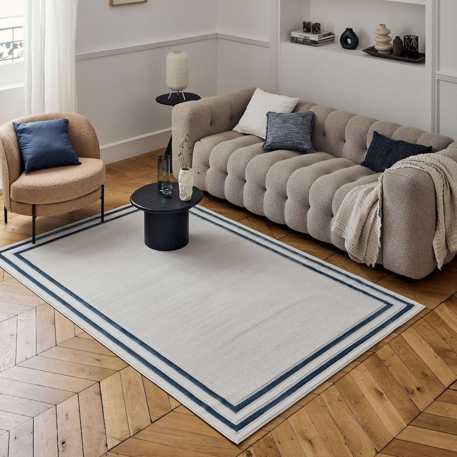 Carmel Cream-Blue Bordered Rug | 6060 - PN Home
