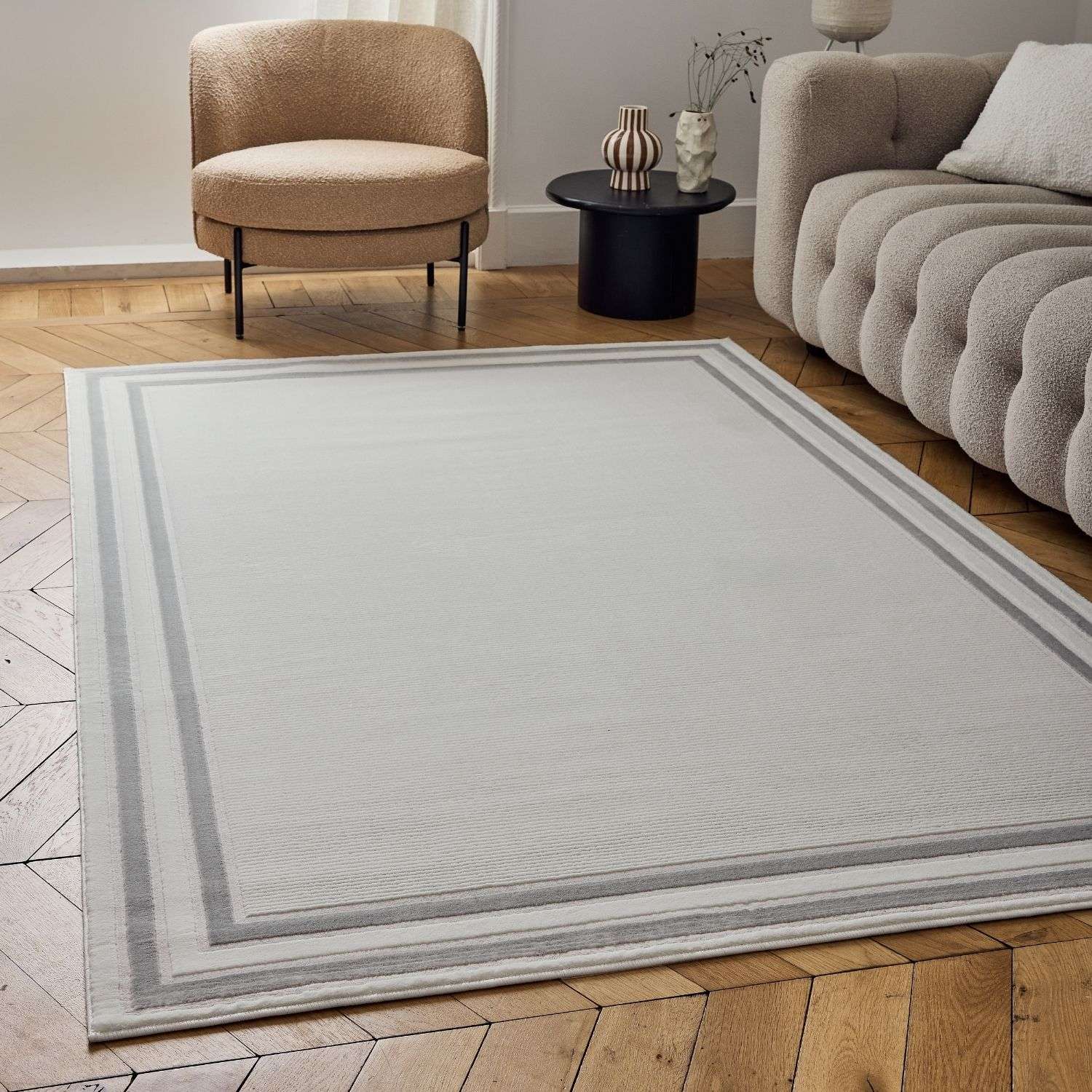 Carmel Cream-Grey Bordered Rug | 6060 - PN Home