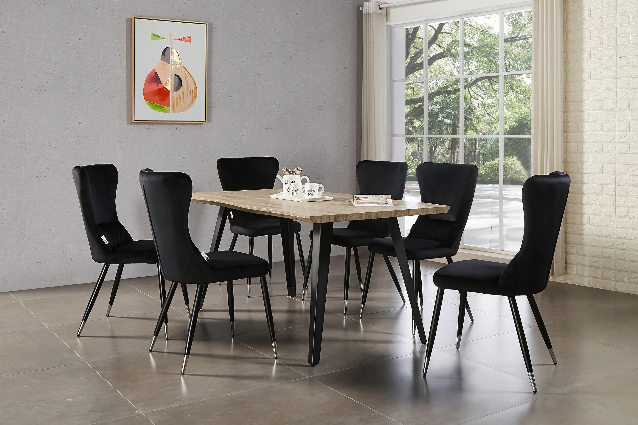 7 Pieces New York Rocco Dining Set - a Walnut Rectangular Dining Table and Set of 6 Green Dining Chairs