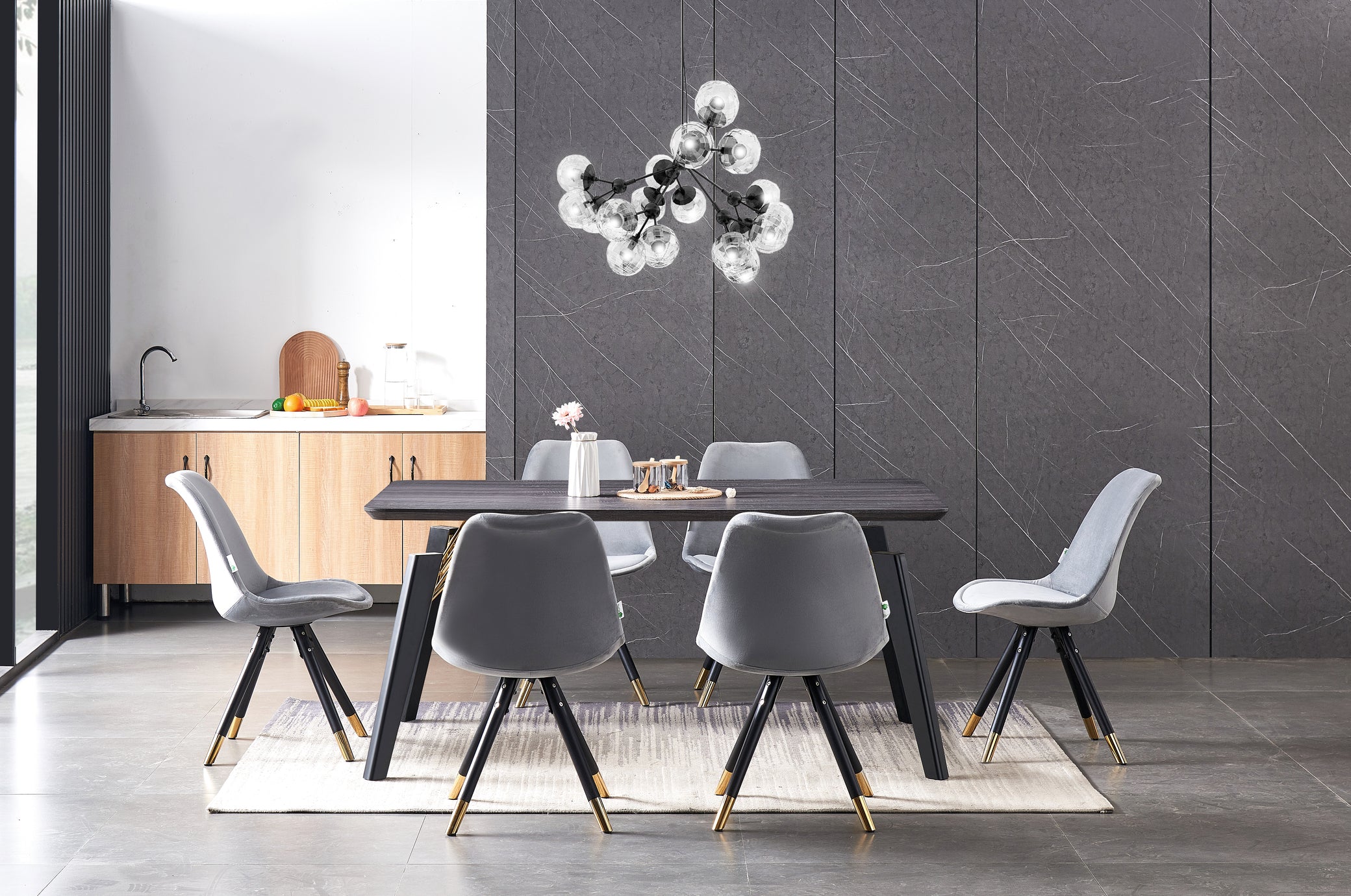 Sofia Cosmo Black LUX Dining Set with 6 Velvet Chairs