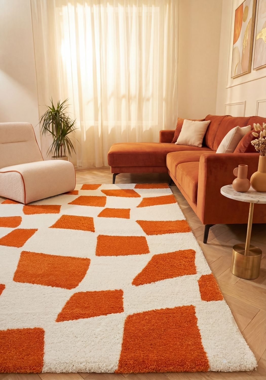 Joli Checkered Orange & White Rug - PN Home