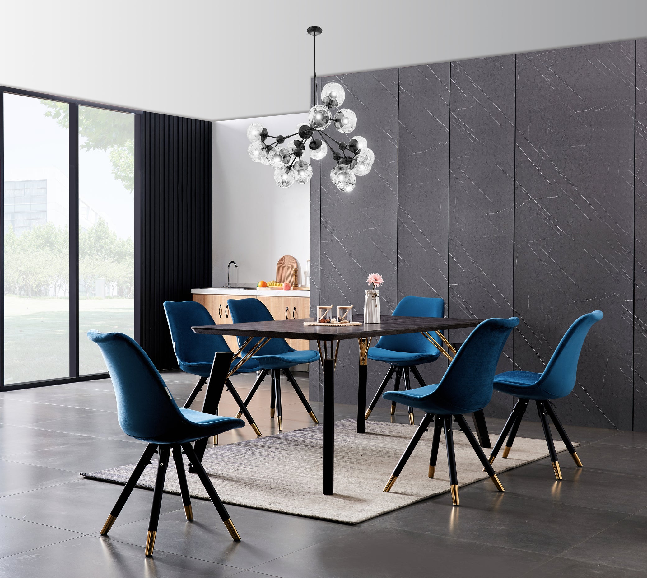 Sofia Cosmo Black LUX Dining Set with 6 Velvet Chairs