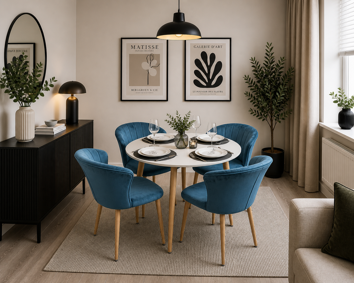 Elsa Dining Set with Round Table and Set of 4 Elsa Velvet Dining Chairs