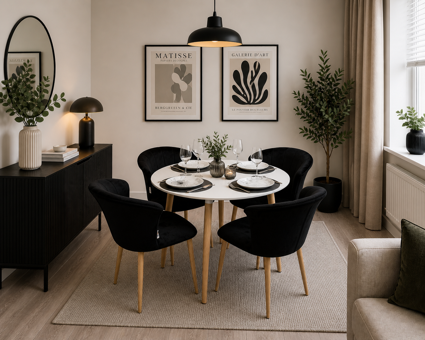 Elsa Dining Set with Round Table and Set of 4 Elsa Velvet Dining Chairs - PN Home