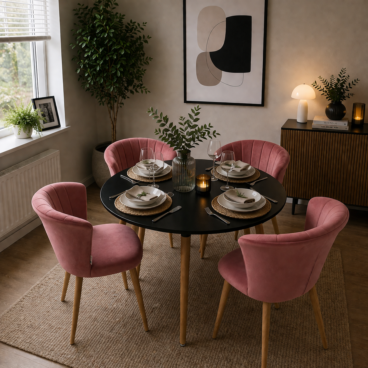 Elsa Dining Set with Round Table and Set of 4 Elsa Velvet Dining Chairs - PN Home