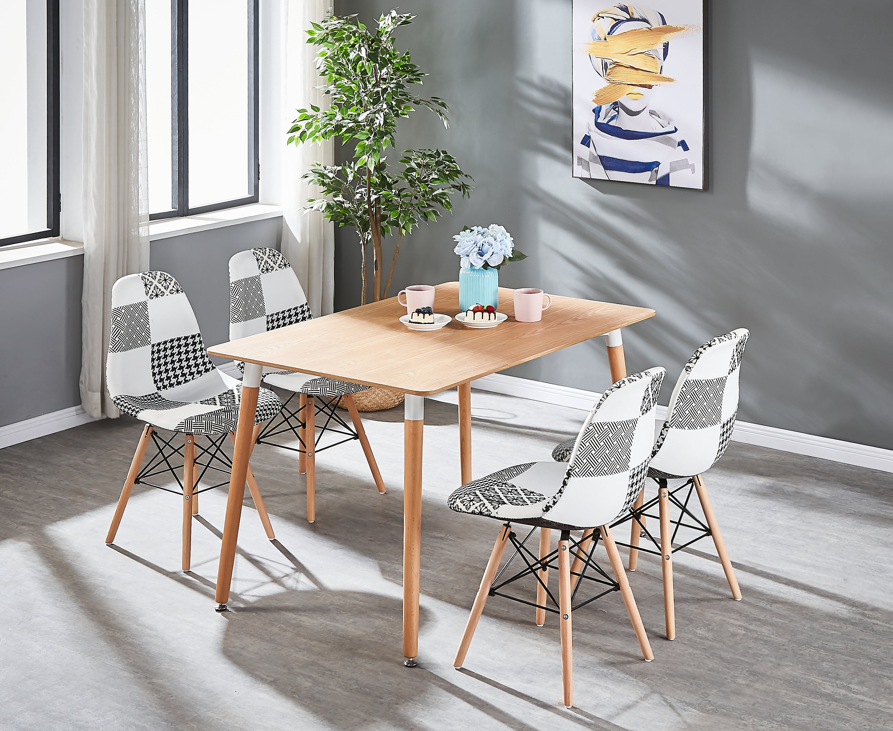 Black/White Patchwork Modern Dining Chair with Wooden Legs & Black Metal Wire Frame - PN Home