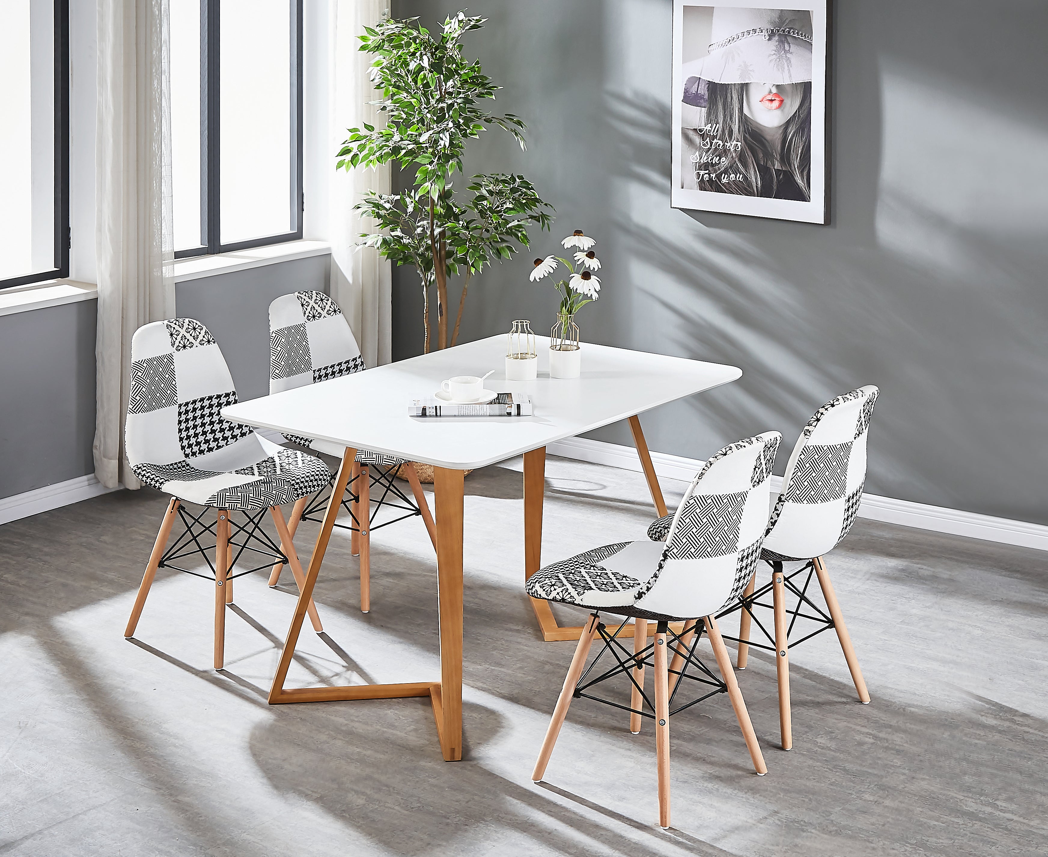 Black/White Patchwork Modern Dining Chair with Wooden Legs & Black Metal Wire Frame - PN Home