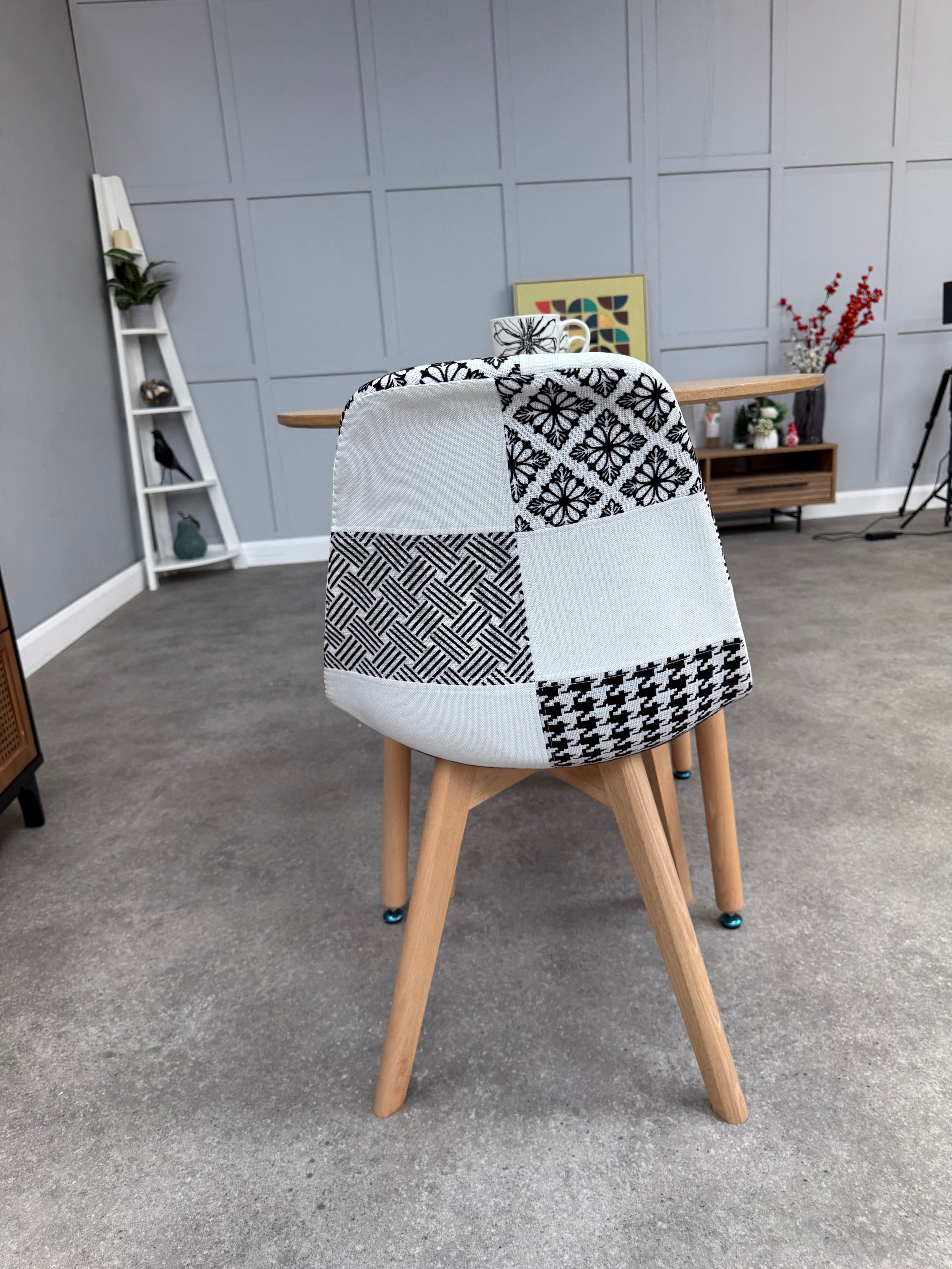 Patchwork Fabric Chair with Wooden Legs - Black and White - PN Home