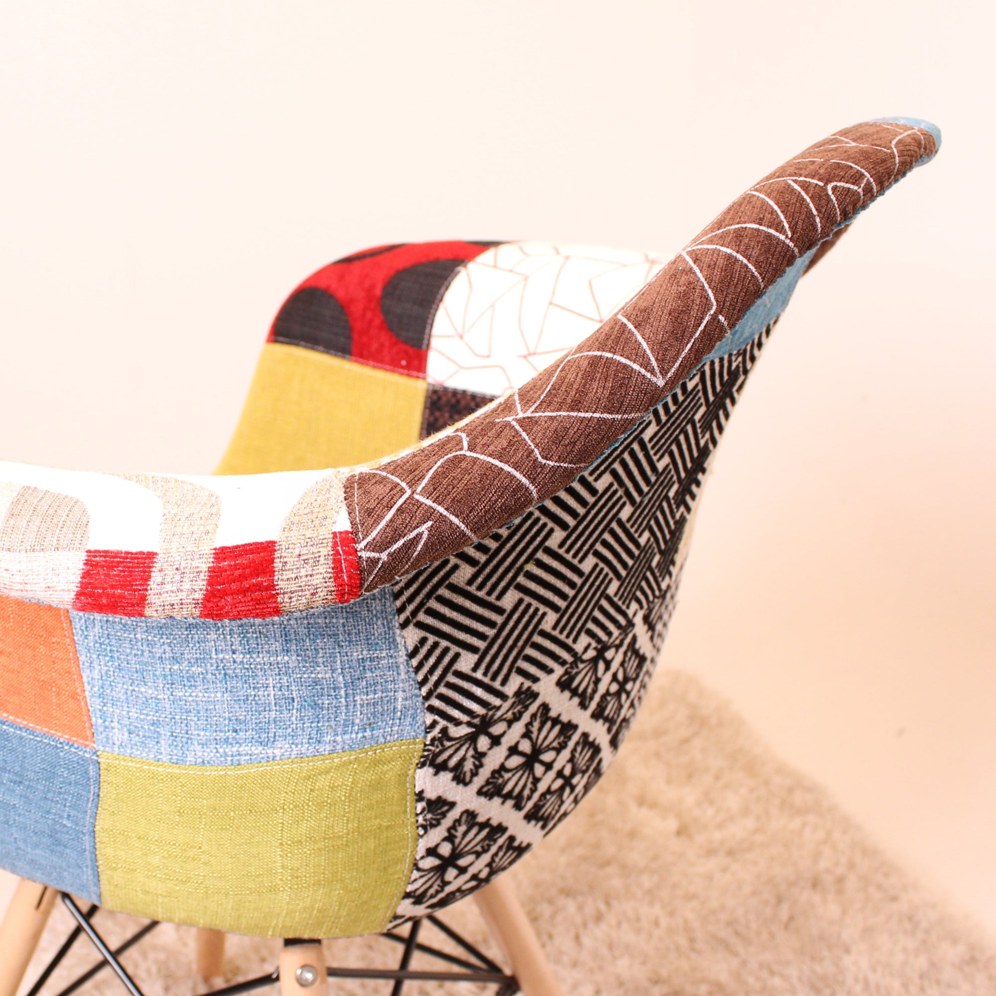 Patchwork Eiffel Tub Chair Fabric Upholstery - Wooden Legs with Metal Frame - PN Home