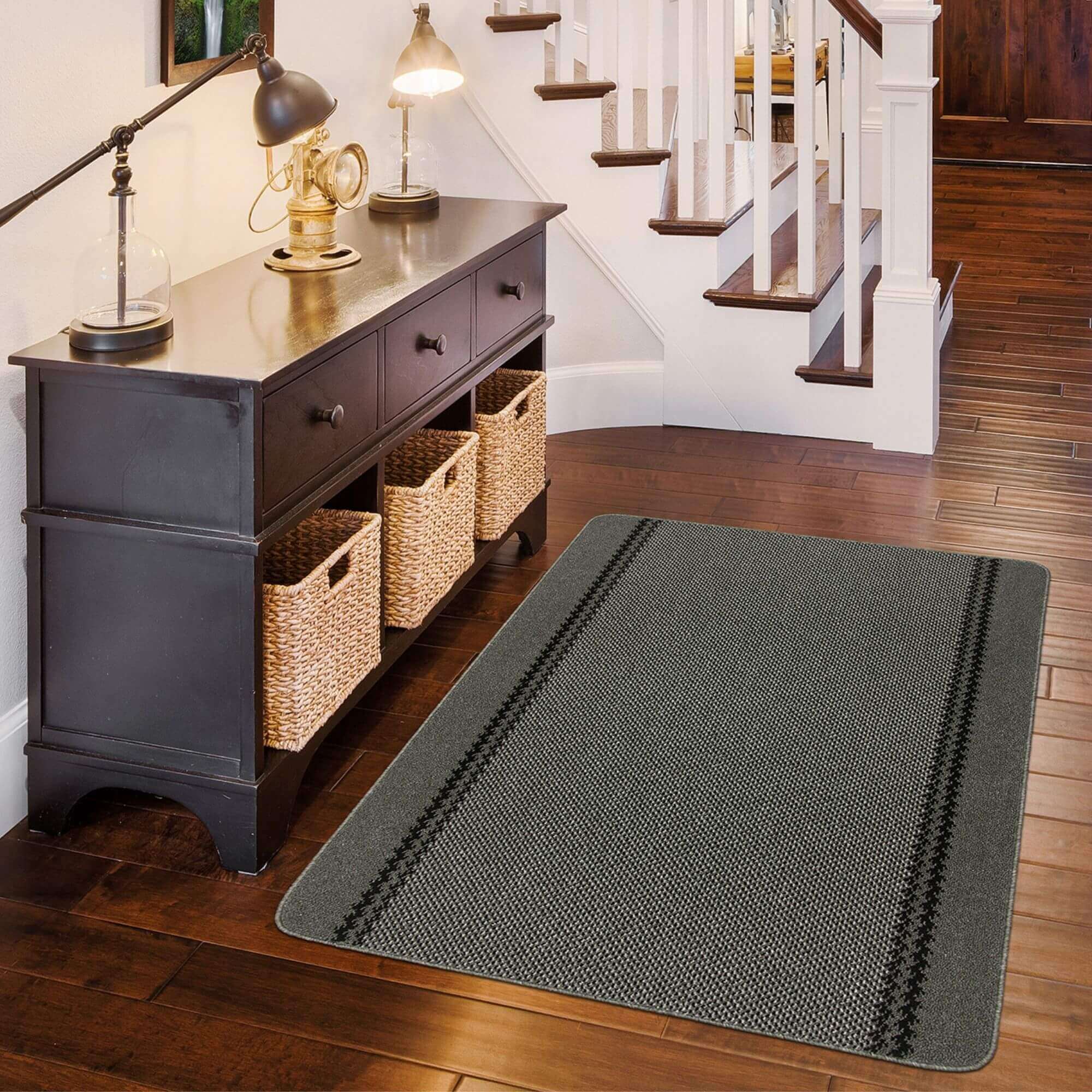 Washable Bordered Dark Grey Rug | 116D - PN Home