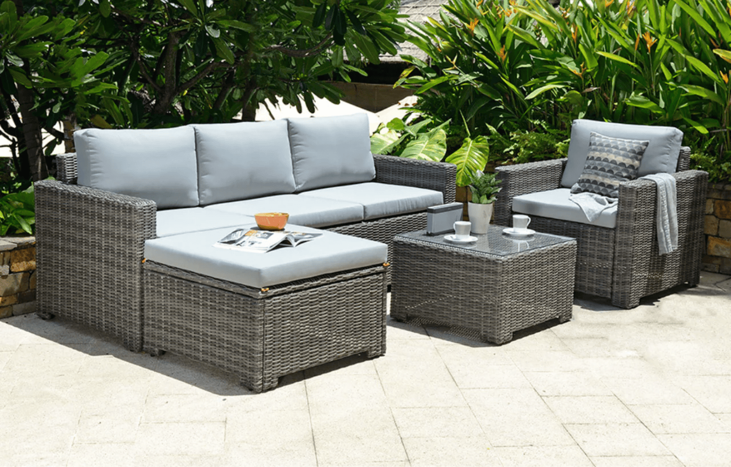 Marbella Grey 5-Seater Garden Sofa Set with Ottoman and Cover Bundle - PN Home