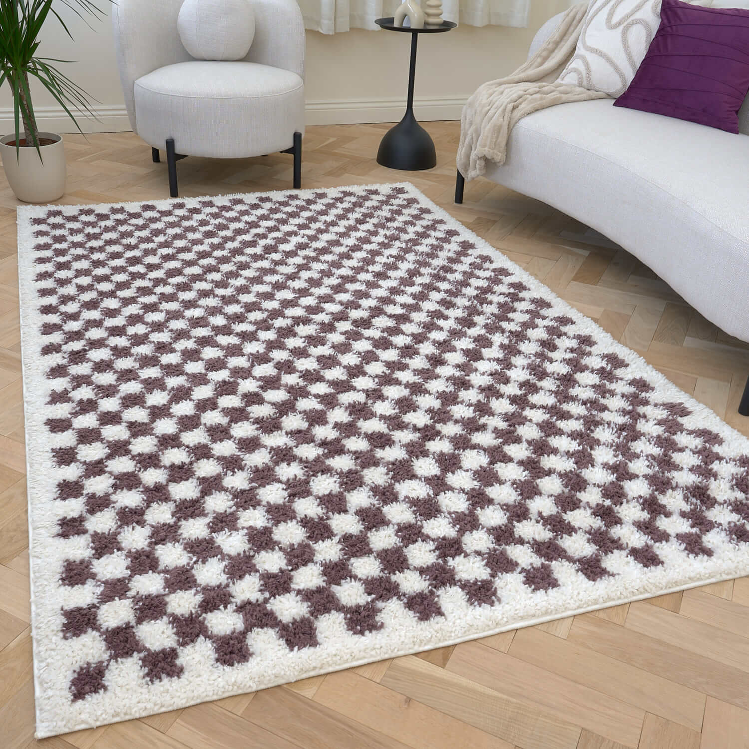 Moodi Shaggy Purple Mosscheck Rug - PN Home