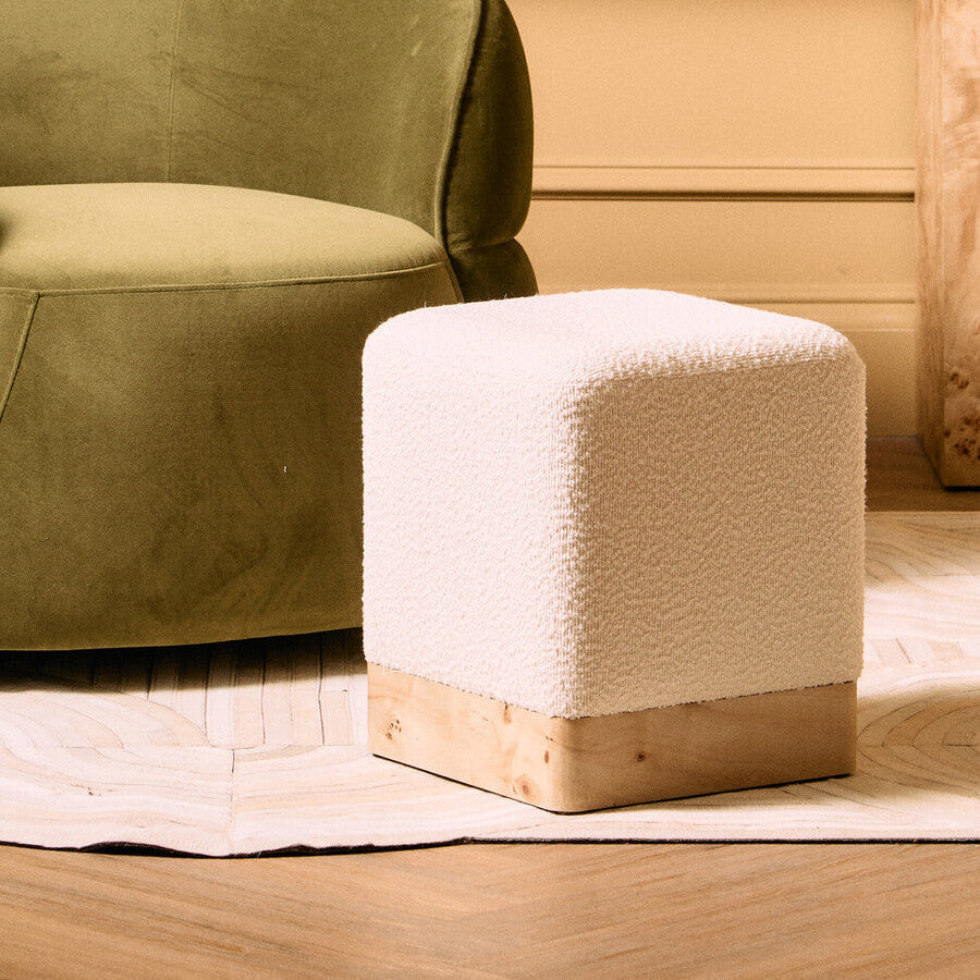 Mota Burl Wood And Cream Boucle Square Stool - PN Home