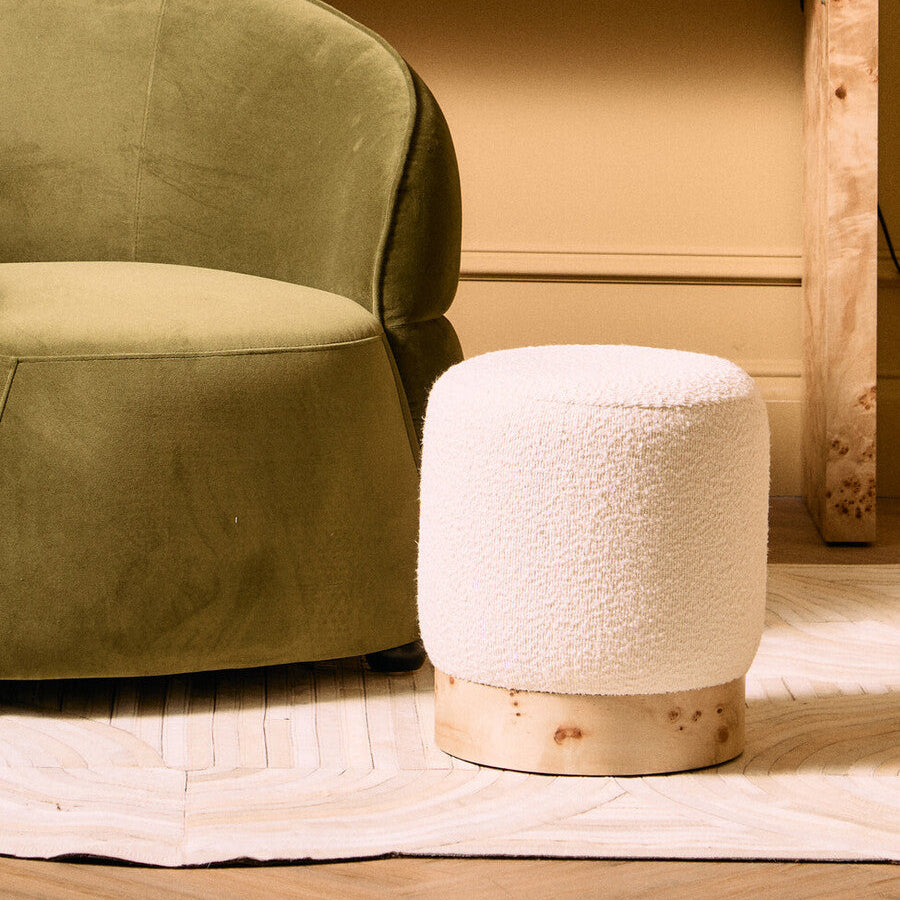 Mota Burl Wood And Cream Boucle Round Stool