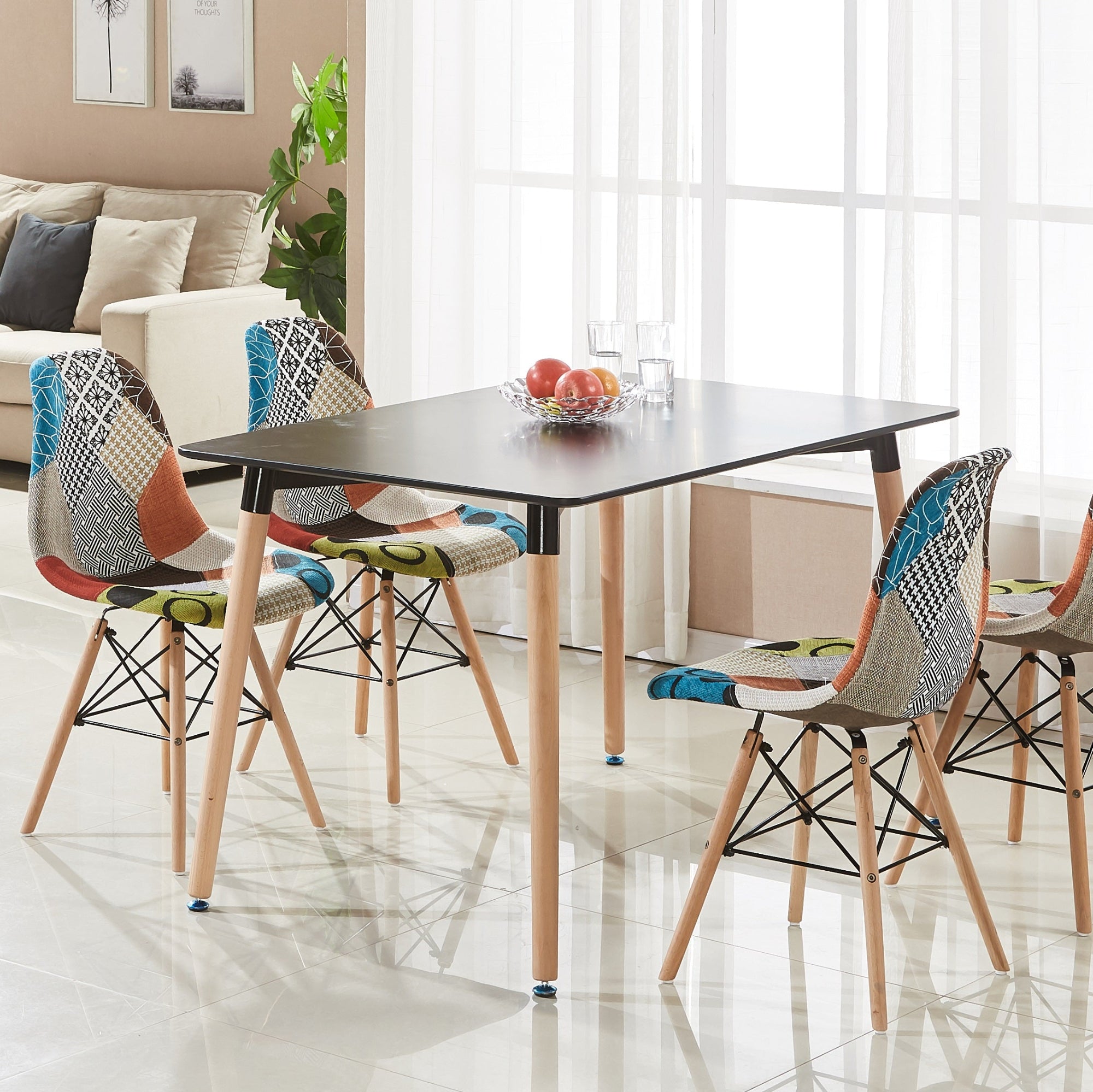 Patchwork Tulip Fabric Dining Chair w/ Wooden Legs & Metal Frame - PN Home