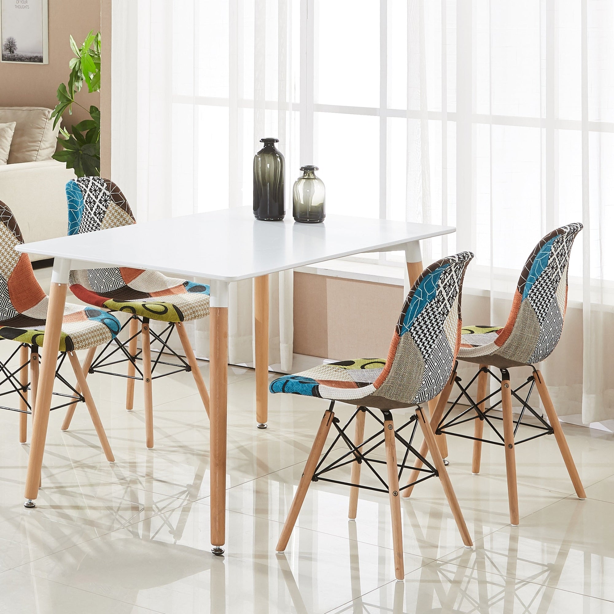 Patchwork Tulip Fabric Dining Chair w/ Wooden Legs & Metal Frame - PN Home