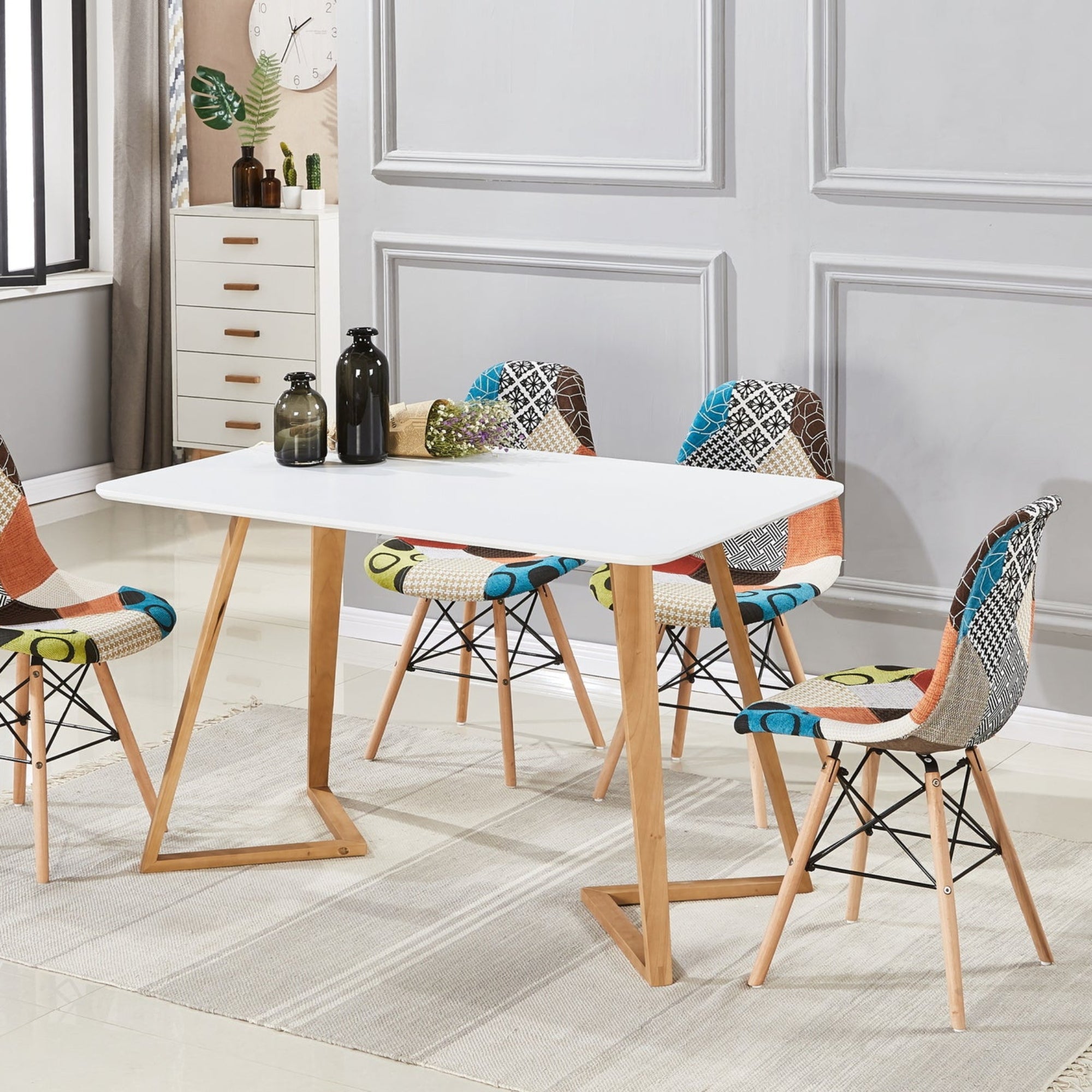 Patchwork Tulip Fabric Dining Chair w/ Wooden Legs & Metal Frame - PN Home