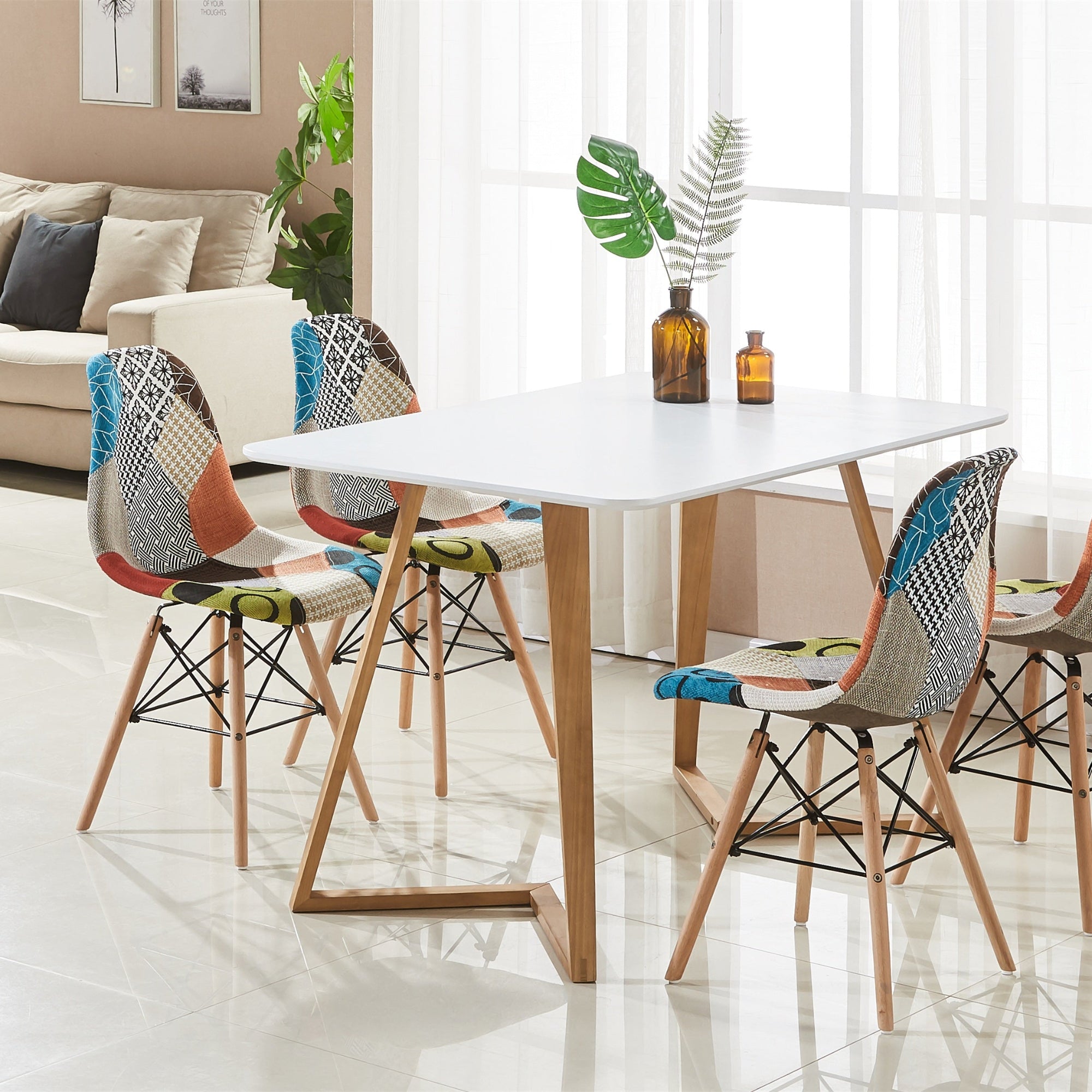 Patchwork Tulip Fabric Dining Chair w/ Wooden Legs & Metal Frame - PN Home