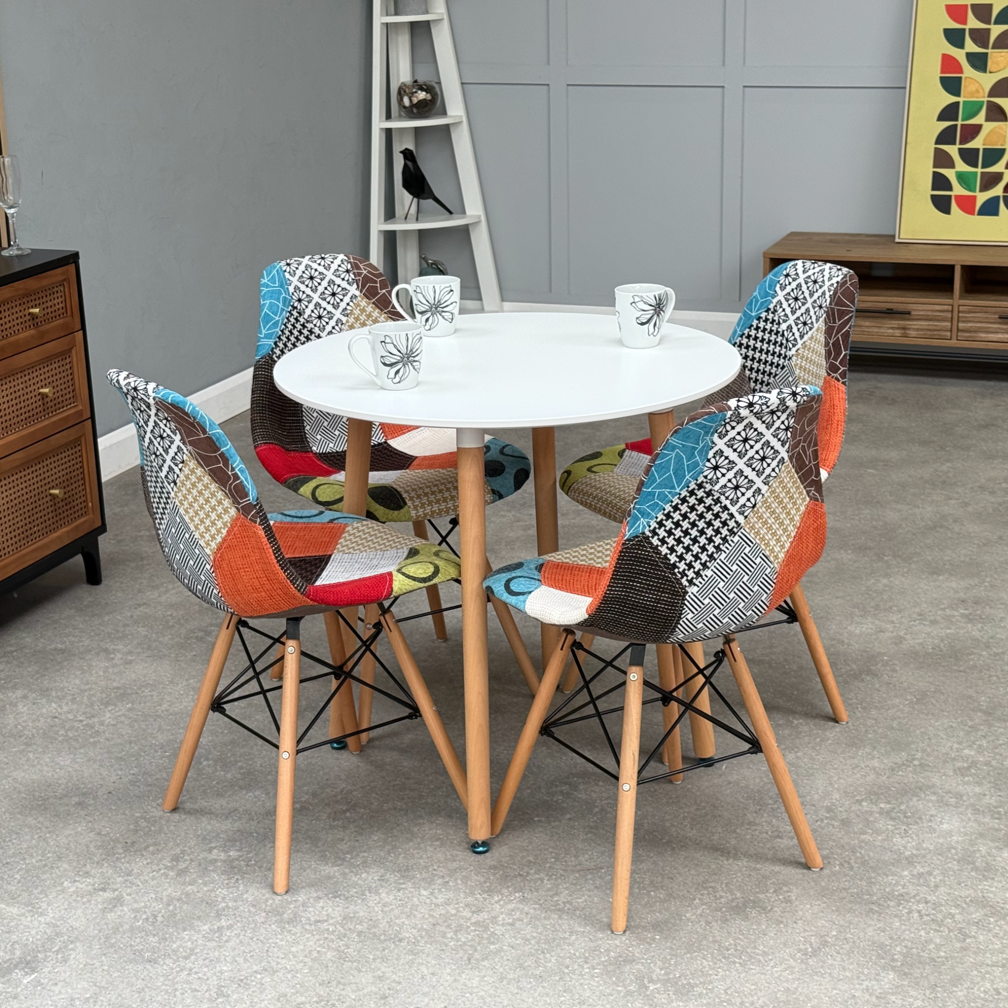 Patchwork Halo Dining Table Set - Set of 4 Patchwork Tower Chairs & a Halo Dining Table - PN Home