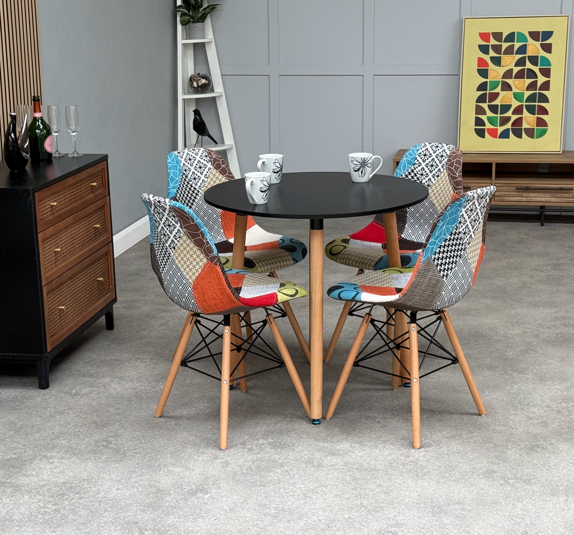Patchwork Halo Dining Table Set - Set of 4 Patchwork Tower Chairs & a Halo Dining Table - PN Home