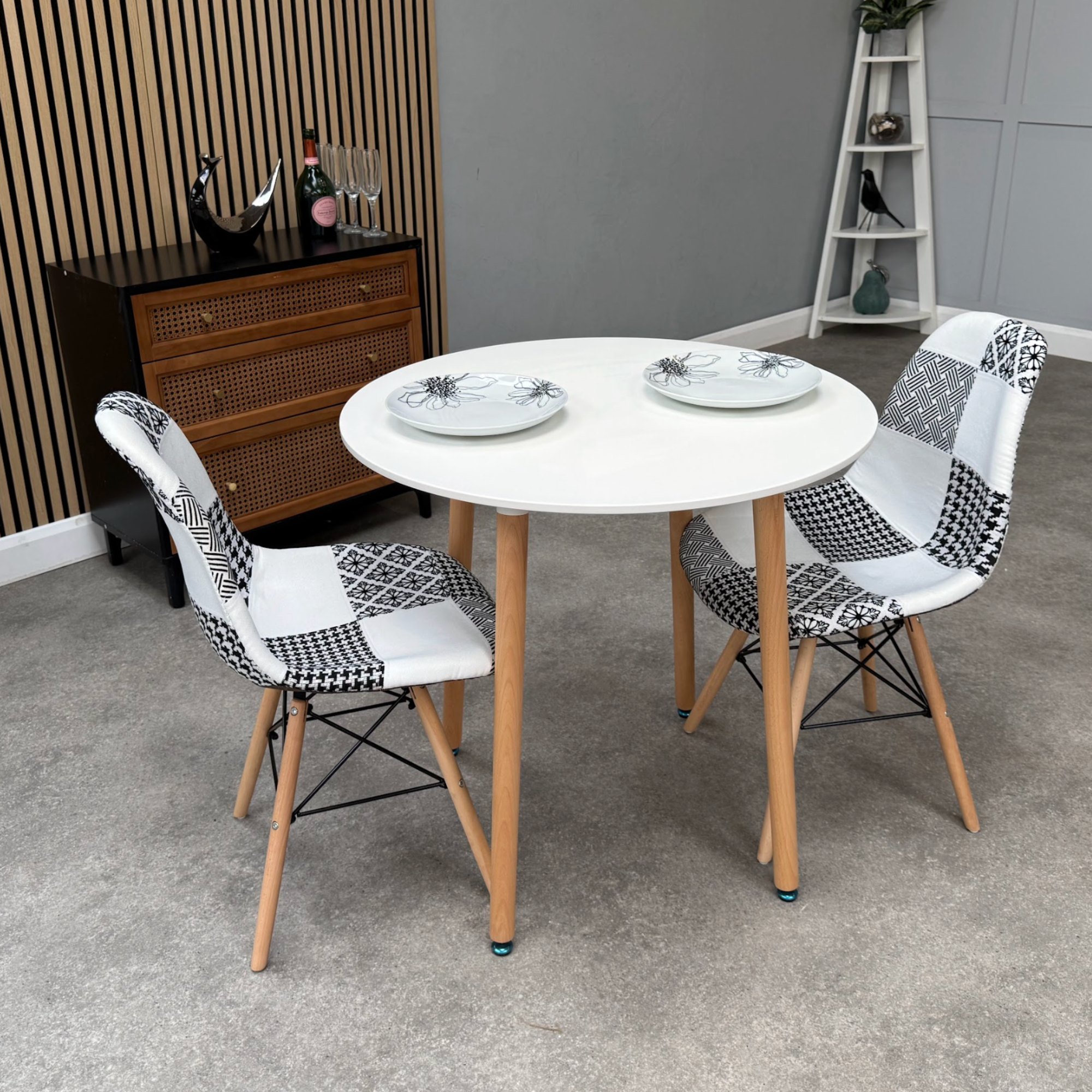 Patchwork Halo Dining Table Set - Set of 2 Black and White Patchwork Retro Tower Chairs & a Halo Dining Table - PN Home