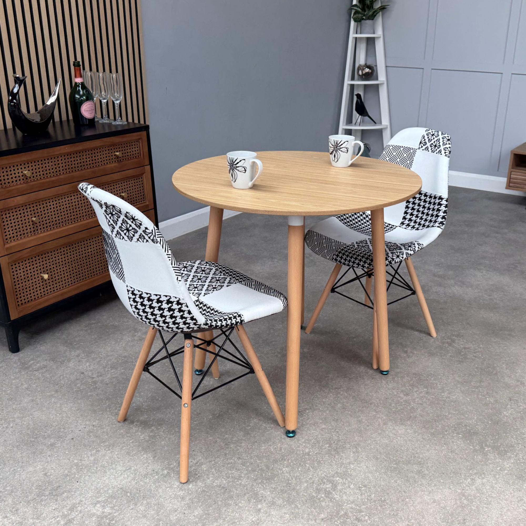 Patchwork Halo Dining Table Set - Set of 2 Black and White Patchwork Retro Tower Chairs & a Halo Dining Table - PN Home