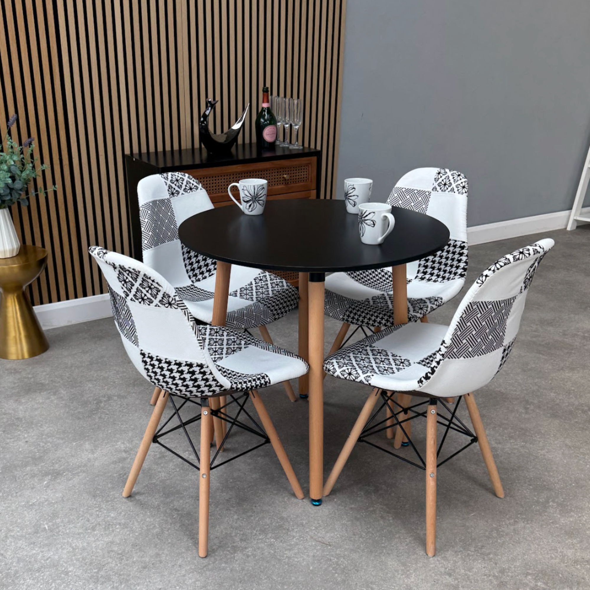 Patchwork Halo Dining Table Set - Set of 4 Black and White Patchwork Tower Chairs & a Halo Dining Table - PN Home