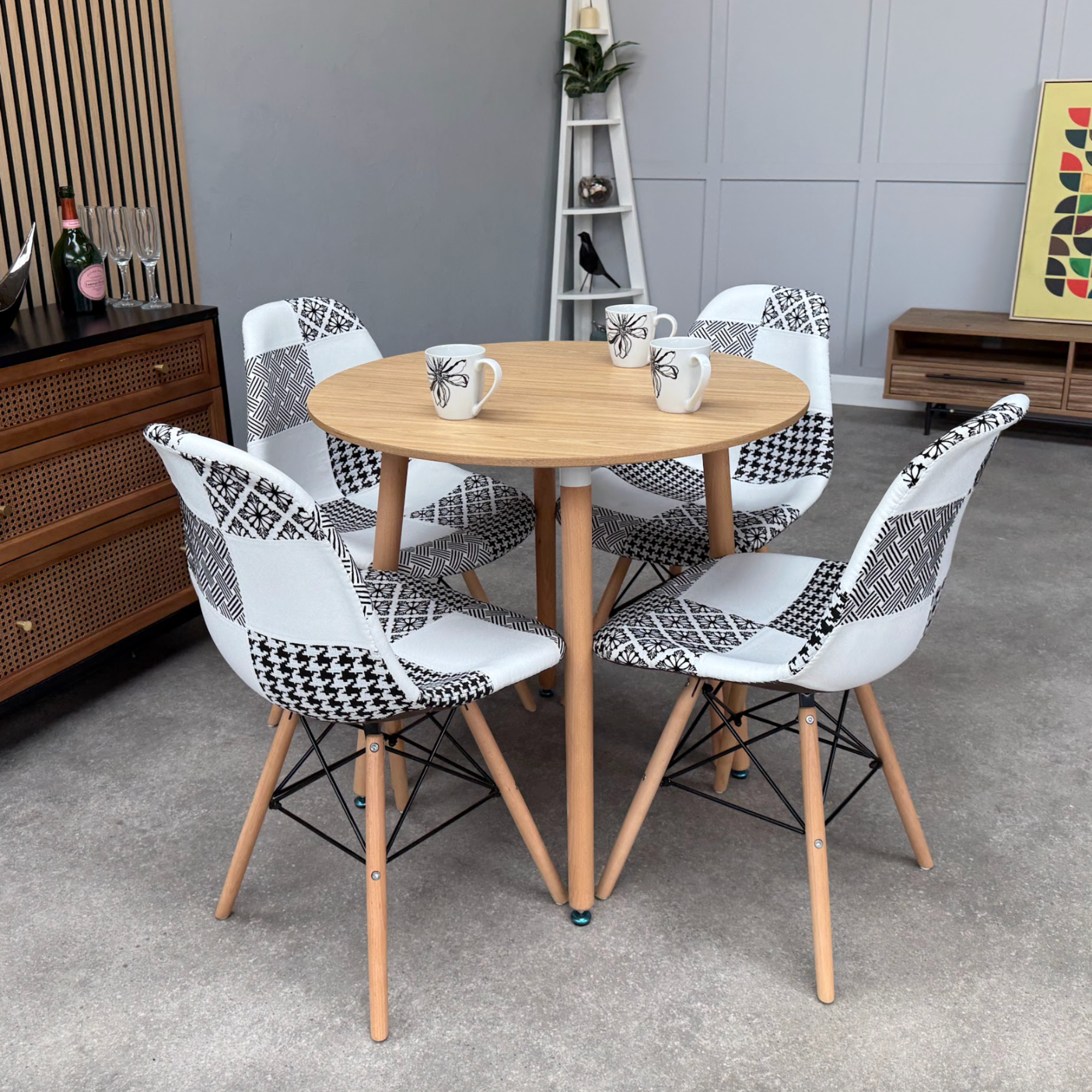 Patchwork Halo Dining Table Set - Set of 4 Black and White Patchwork Tower Chairs & a Halo Dining Table - PN Home