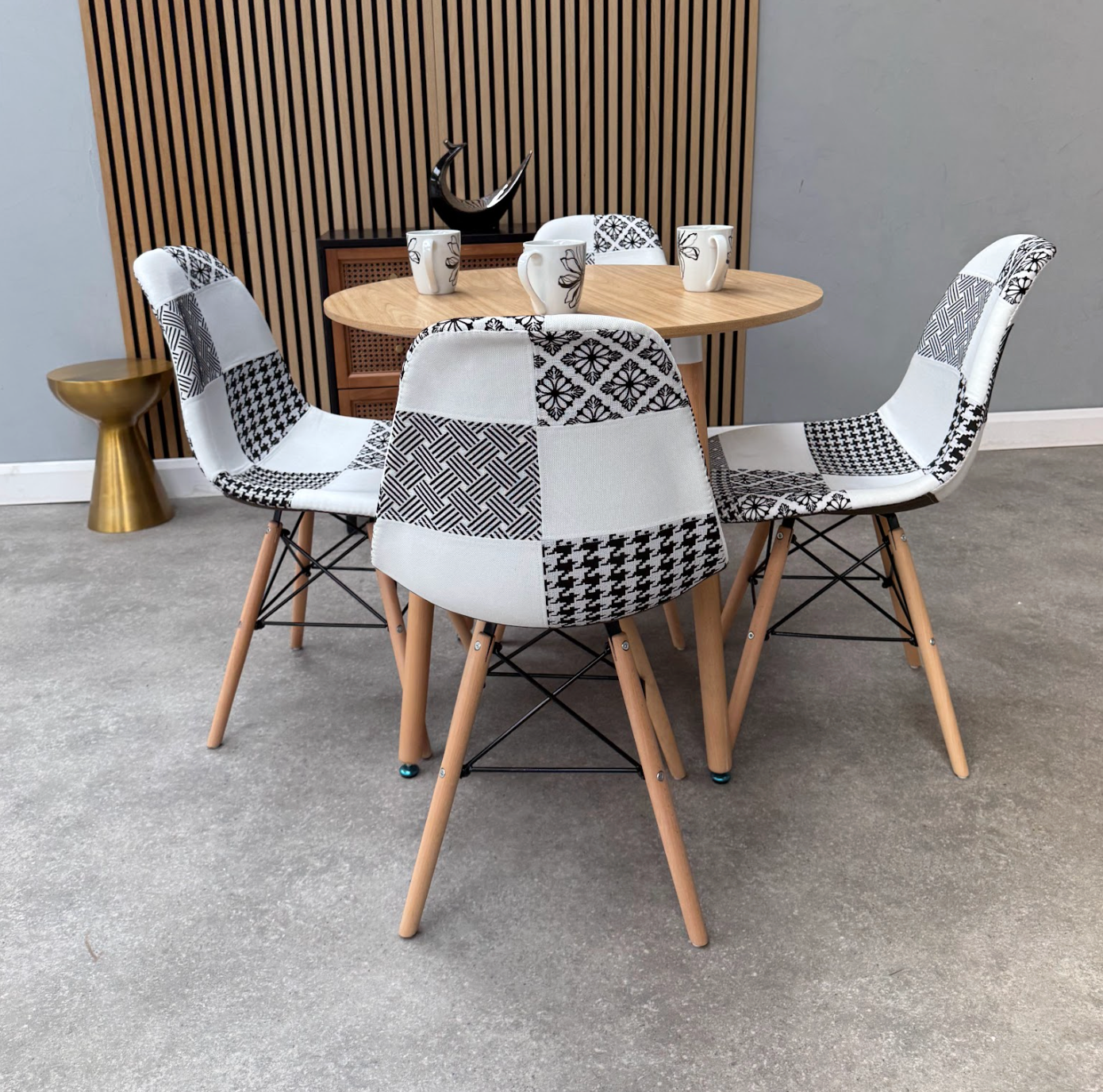 Patchwork Halo Dining Table Set - Set of 4 Black and White Patchwork Tower Chairs & a Halo Dining Table - PN Home