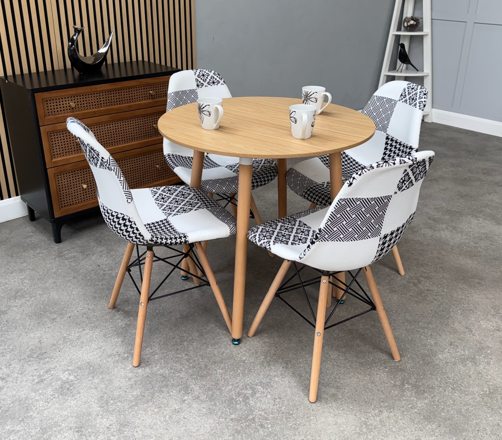 Patchwork Halo Dining Table Set - Set of 4 Black and White Patchwork Tower Chairs & a Halo Dining Table - PN Home