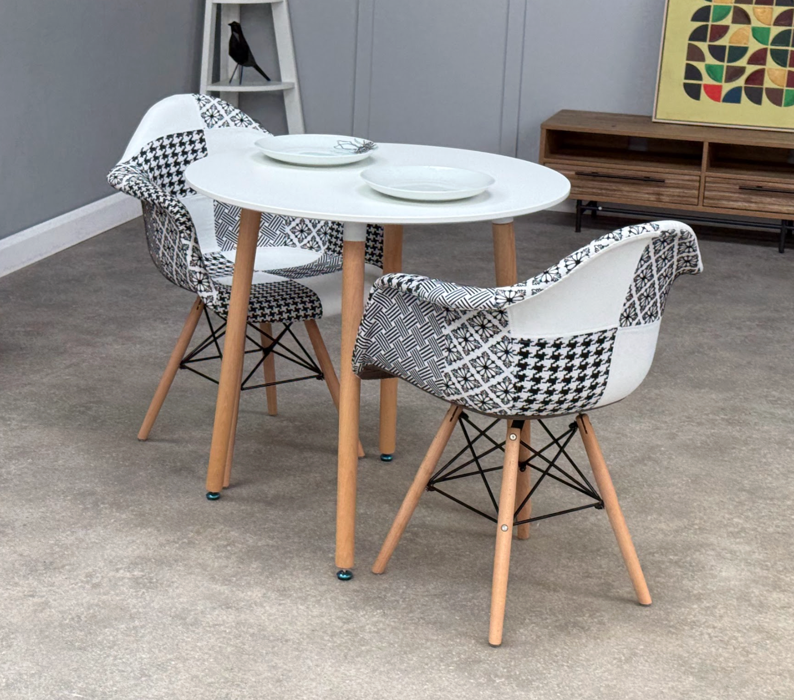 Patchwork Halo Dining Table Set - Set of 2 Black and White Patchwork Retro Tower Armchairs & a Halo Dining Table - PN Home