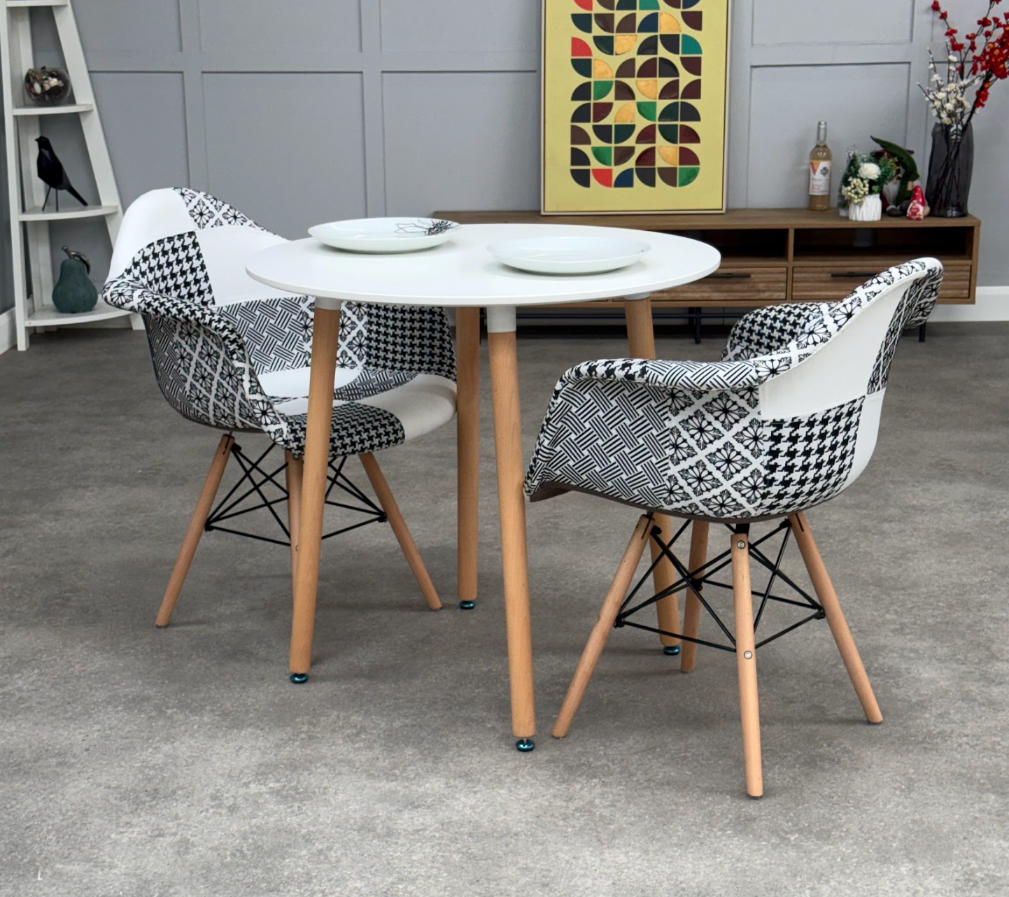 Patchwork Halo Dining Table Set - Set of 2 Black and White Patchwork Retro Tower Armchairs & a Halo Dining Table - PN Home