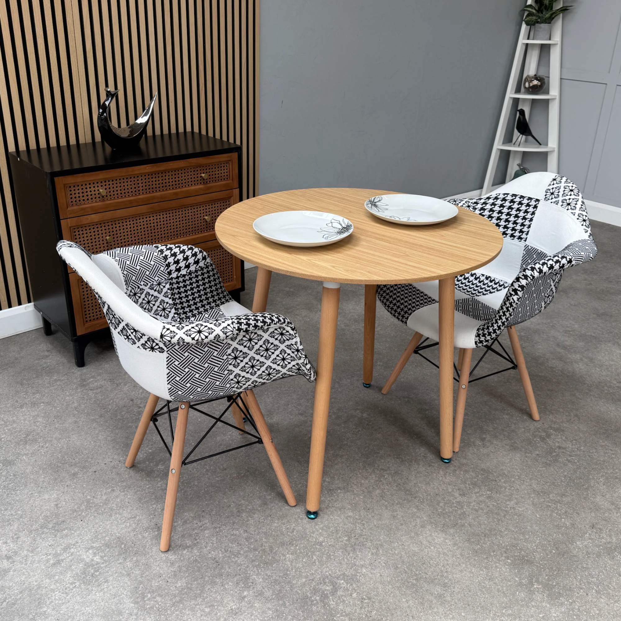 Patchwork Halo Dining Table Set - Set of 2 Black and White Patchwork Retro Tower Armchairs & a Halo Dining Table - PN Home