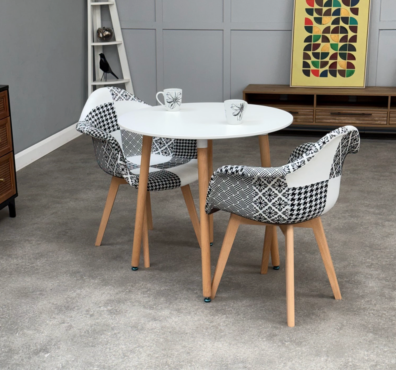 Patchwork Halo Dining Table Set - Set of 2 Black and White Patchwork Retro Armchairs & a Halo Dining Table (Copy) - PN Home