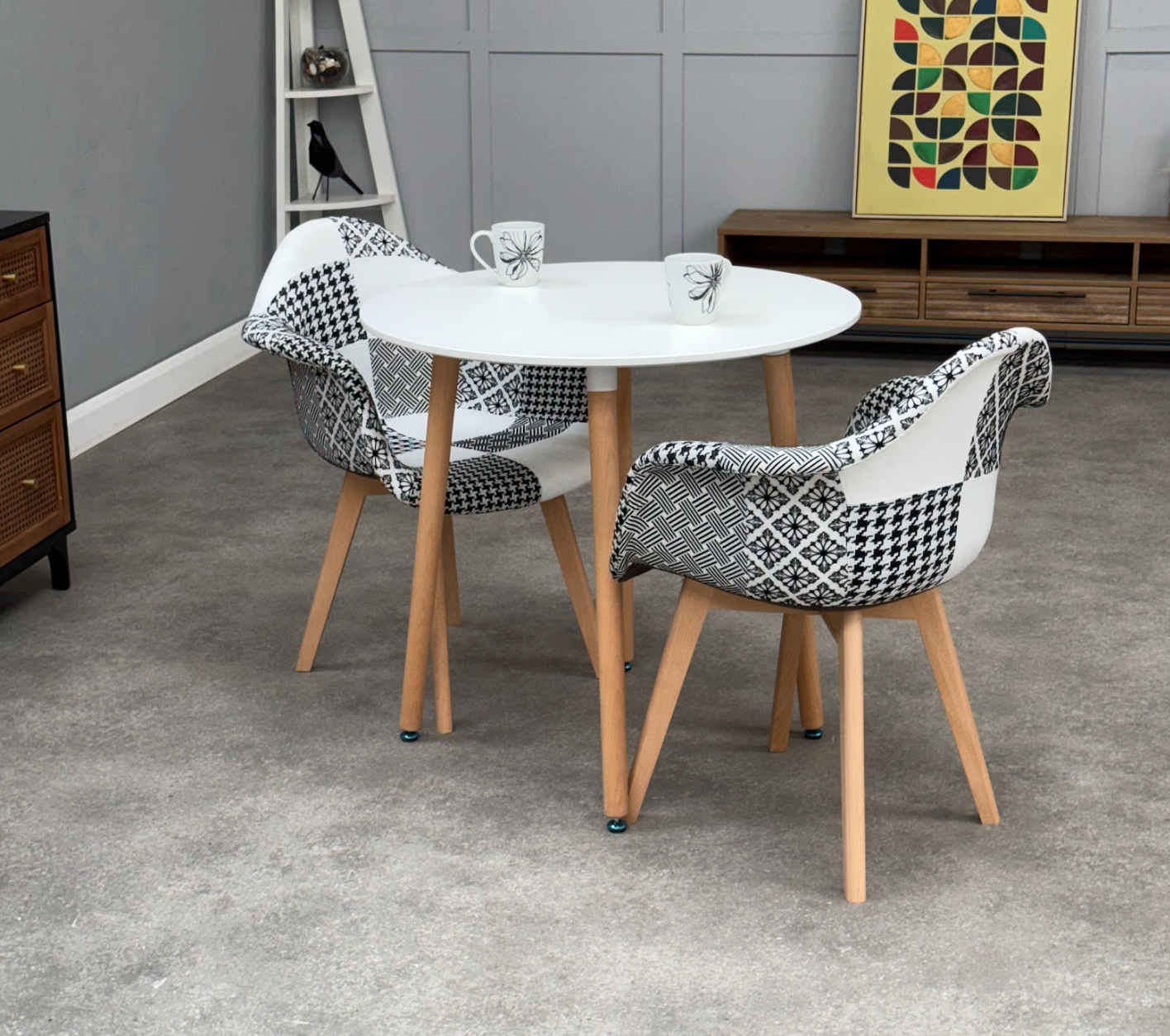 Patchwork Halo Dining Table Set - Set of 2 Black and White Patchwork Retro Armchairs & a Halo Dining Table (Copy) - PN Home