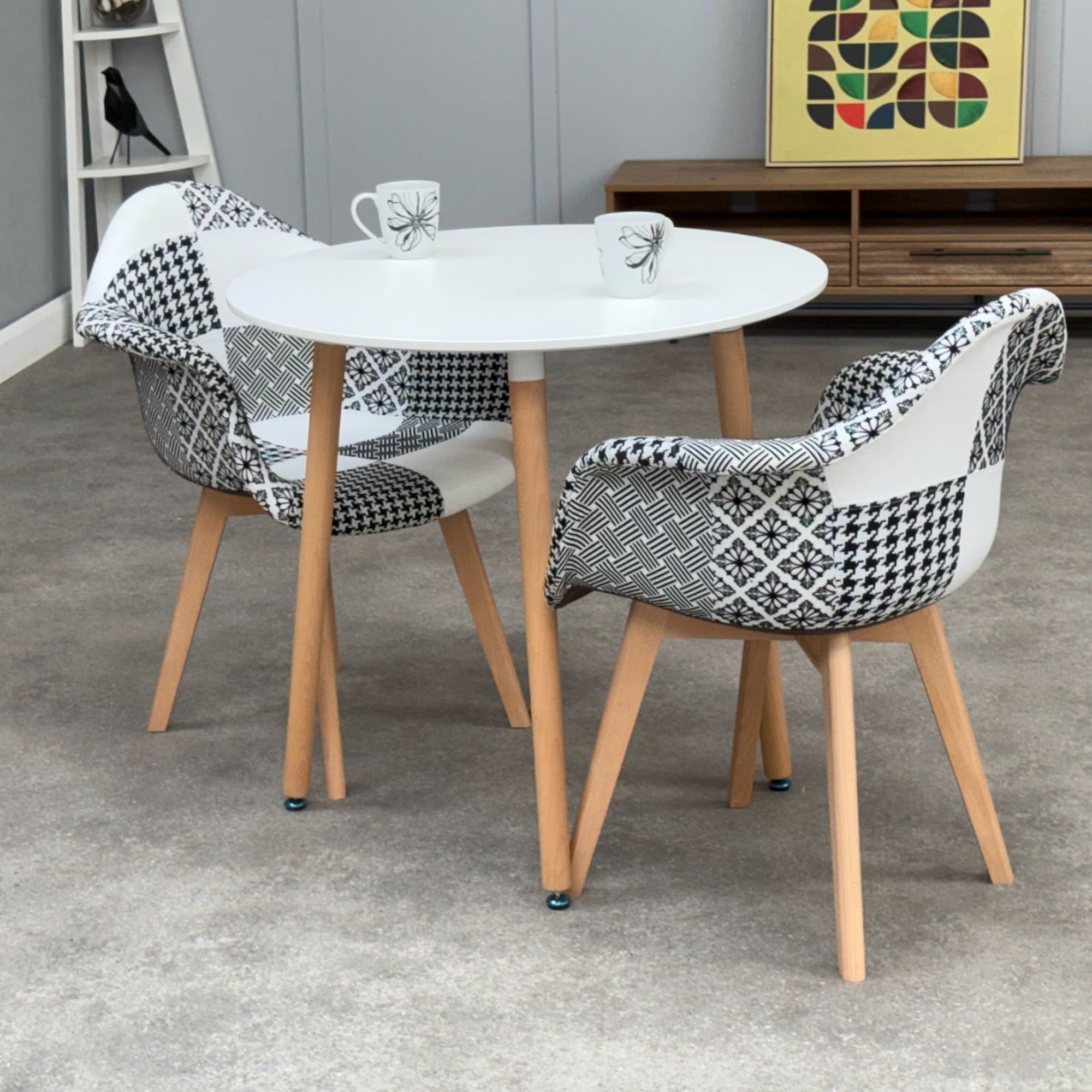 Patchwork Halo Dining Table Set - Set of 2 Black and White Patchwork Retro Armchairs & a Halo Dining Table (Copy) - PN Home