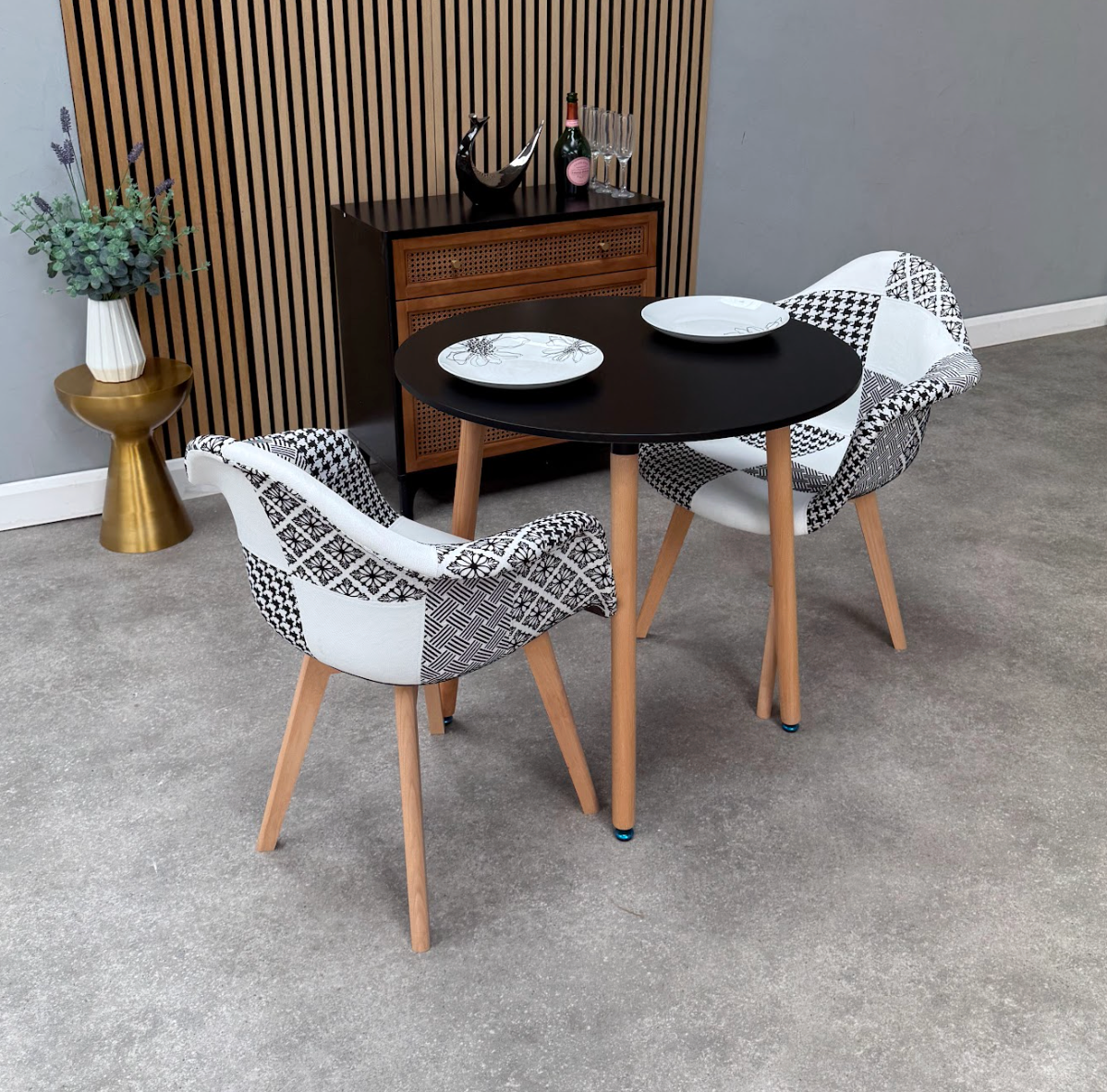Patchwork Halo Dining Table Set - Set of 2 Black and White Patchwork Retro Armchairs & a Halo Dining Table (Copy) - PN Home