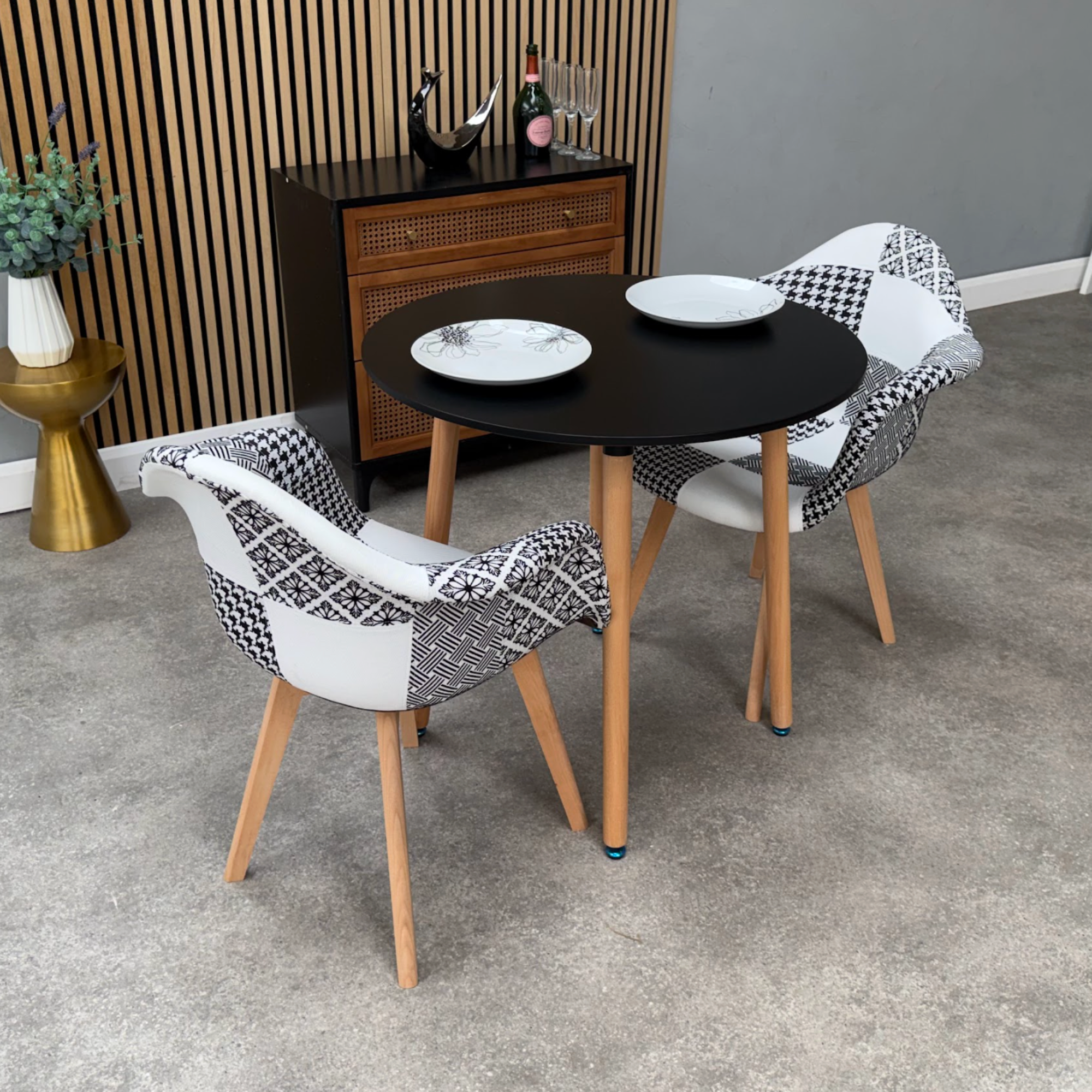 Patchwork Halo Dining Table Set - Set of 2 Black and White Patchwork Retro Armchairs & a Halo Dining Table (Copy) - PN Home