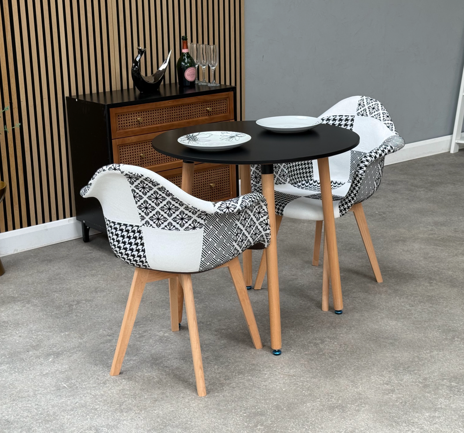 Patchwork Halo Dining Table Set - Set of 2 Black and White Patchwork Retro Armchairs & a Halo Dining Table (Copy) - PN Home