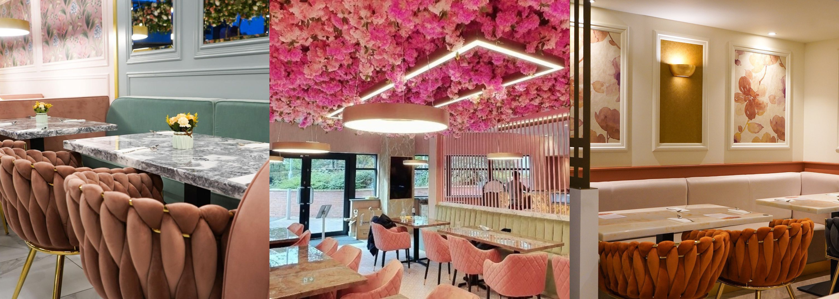 Collage of a restaurant interior with pink chairs, floral wall art, and a modern decor.