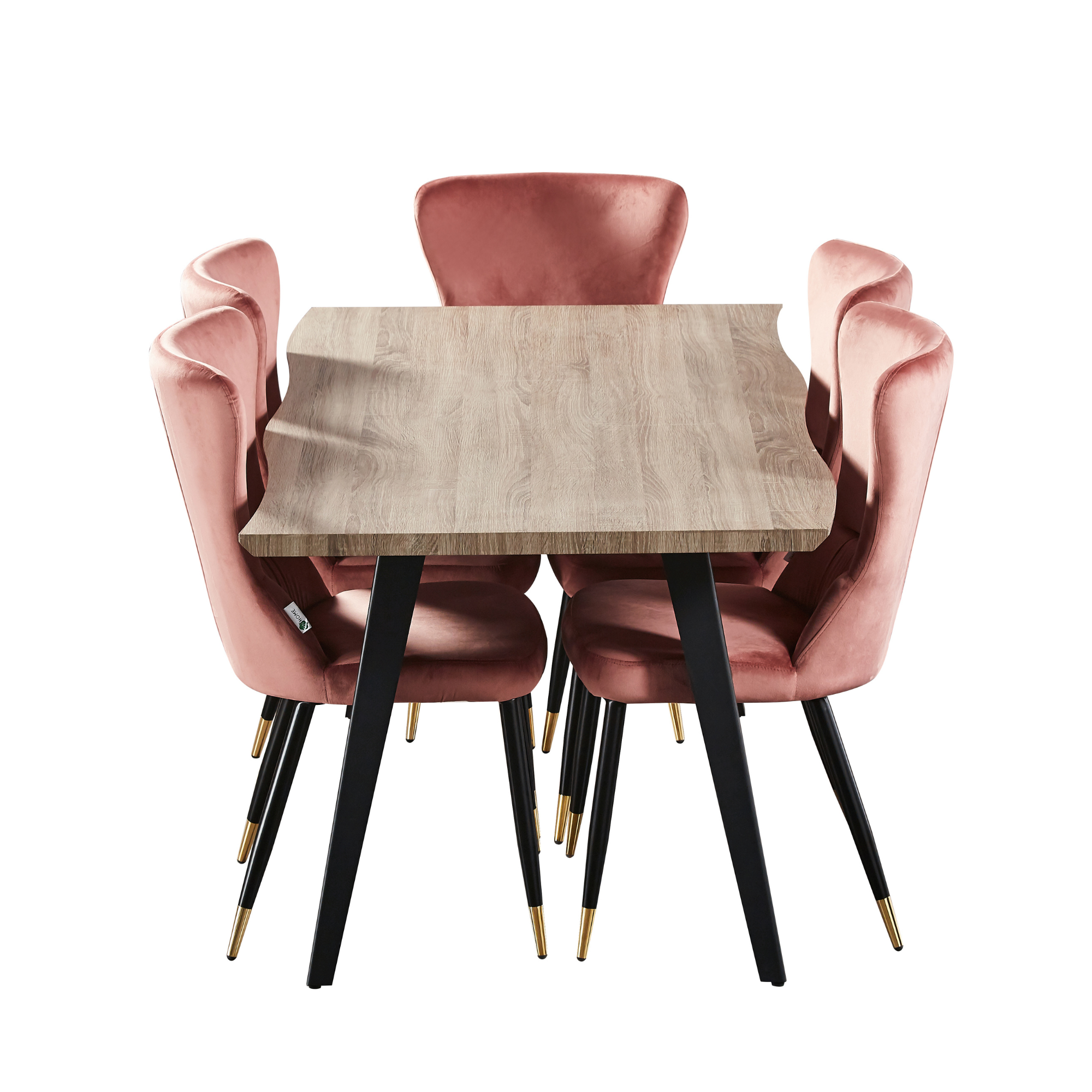 7 Pieces New York Rocco Dining Set - a Walnut Rectangular Dining Table and Set of 6 Green Dining Chairs