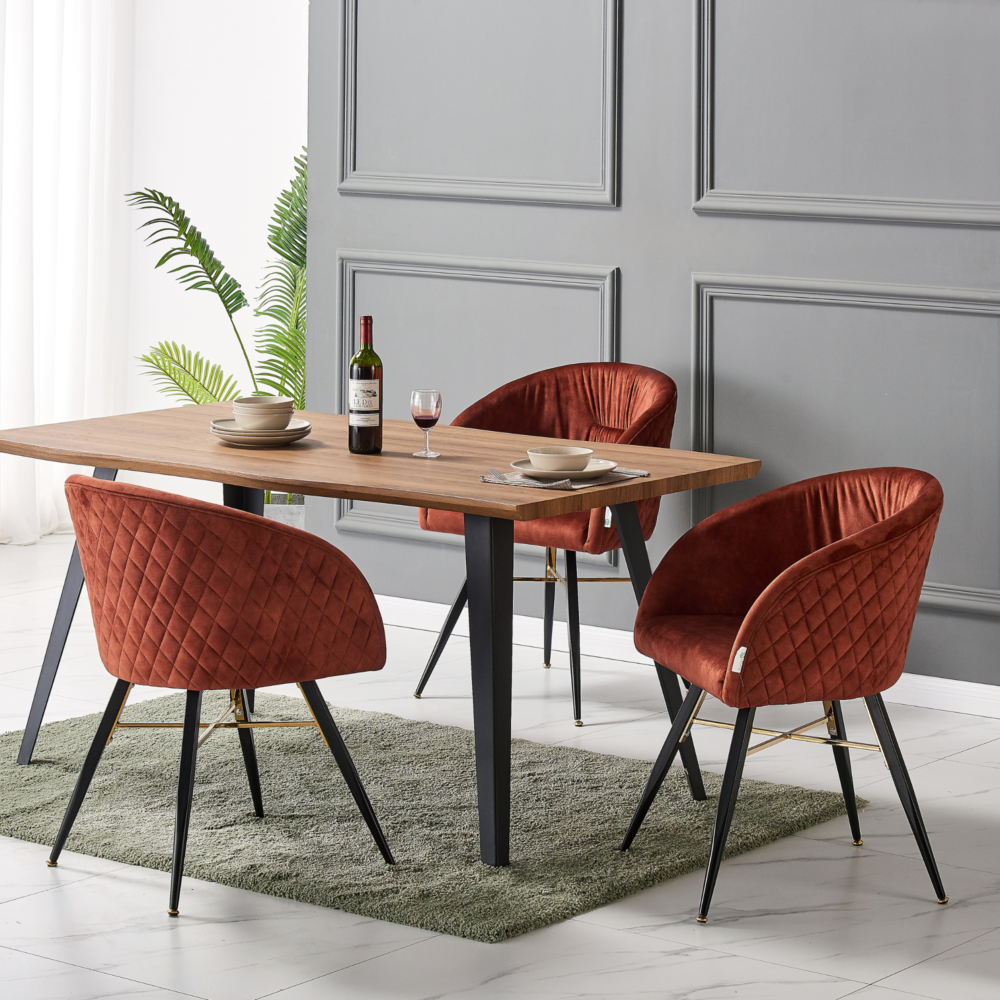 Vittorio Rocco LUX 5PCs Dining Set includes an Oak Dining Table and Set of 4 Red Dining Chairs