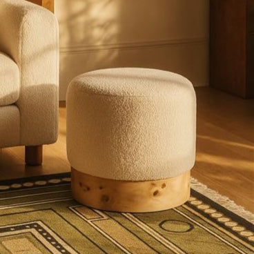 Mota Burl Wood And Cream Boucle Round Stool - PN Home