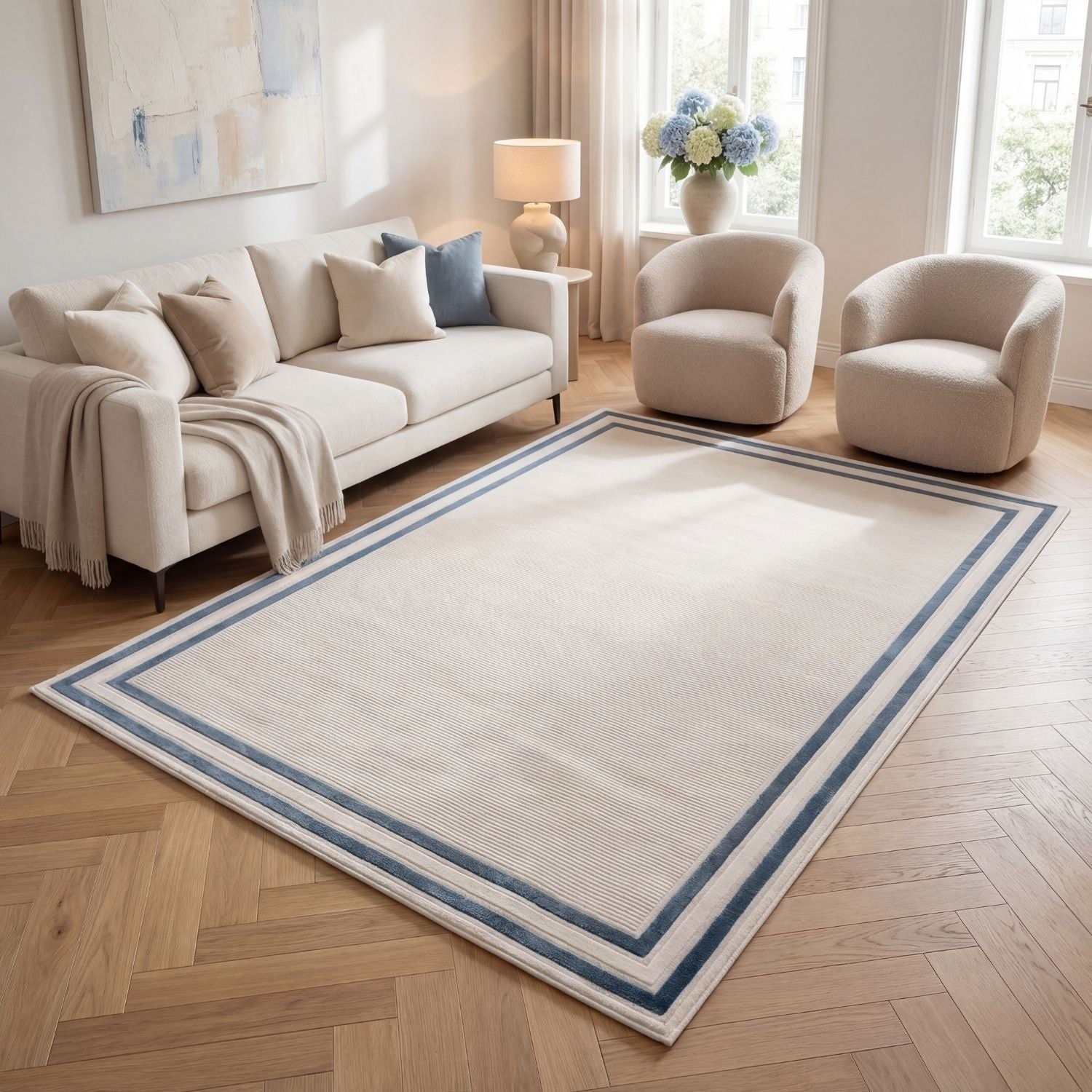 Carmel Cream-Blue Bordered Rug | 6060 - PN Home
