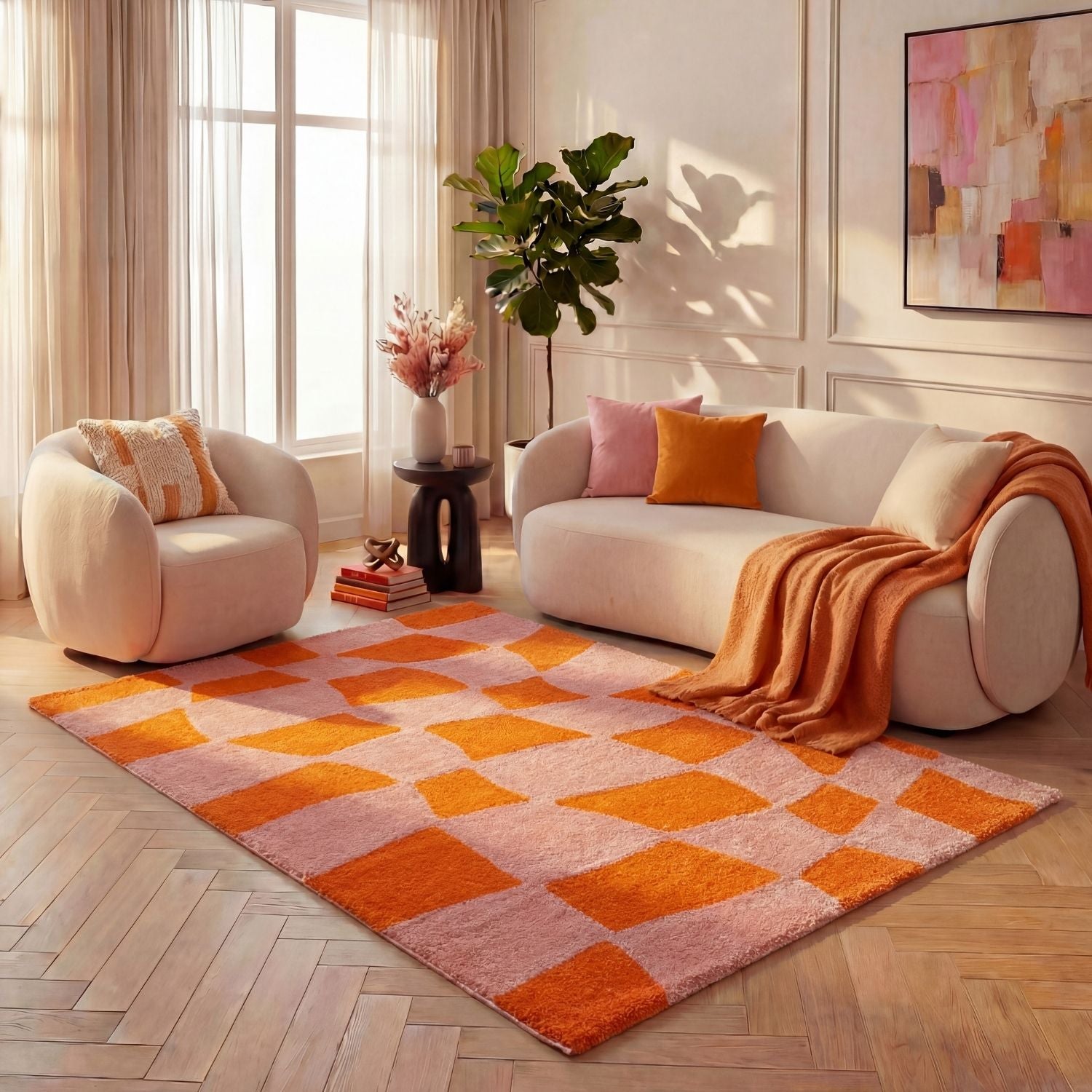 Joli Checkered Orange & Pink Rug - PN Home