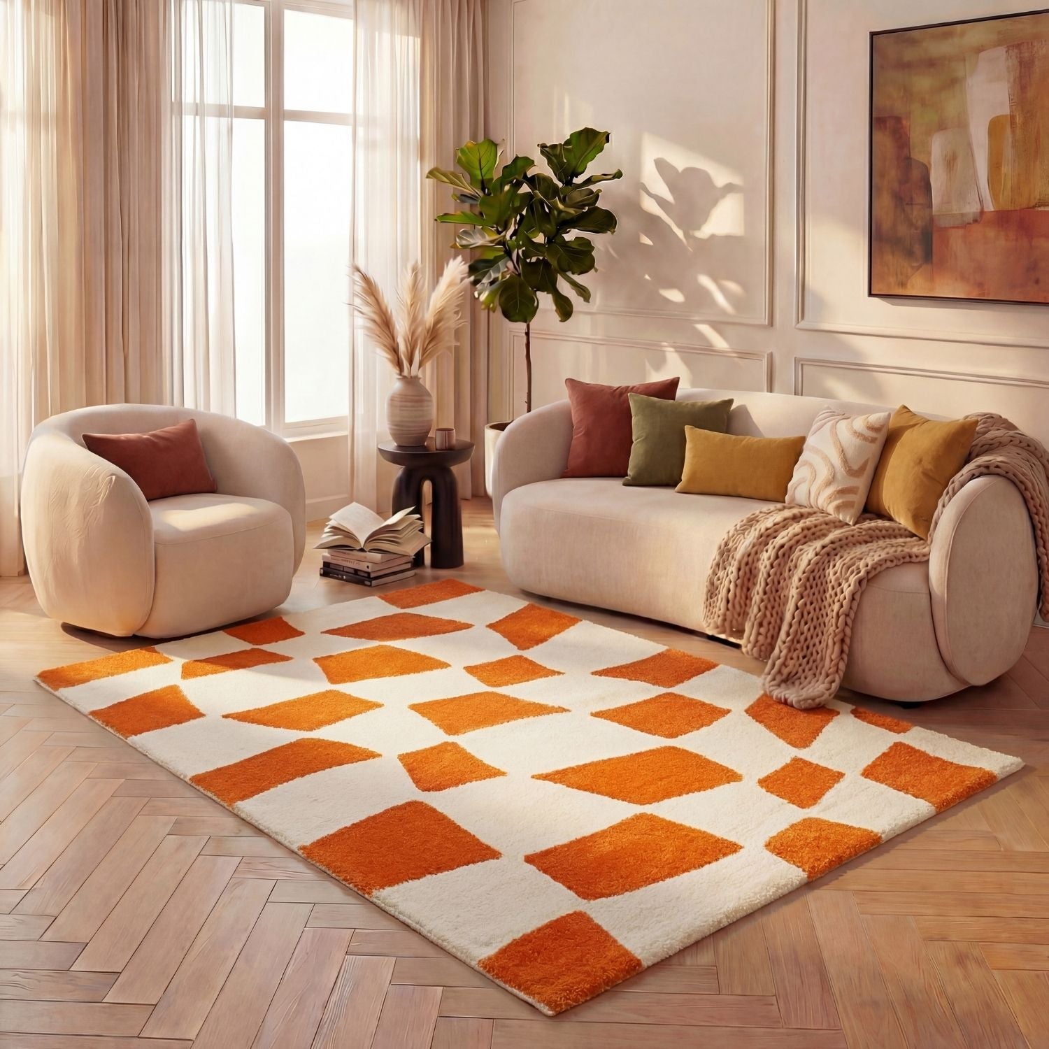 Joli Checkered Orange & White Rug - PN Home