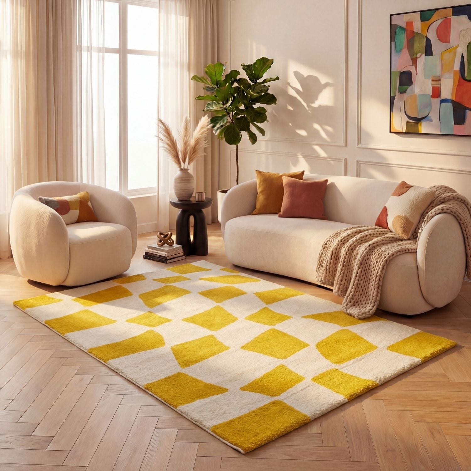 Joli Checkered Yellow & White Rug - PN Home
