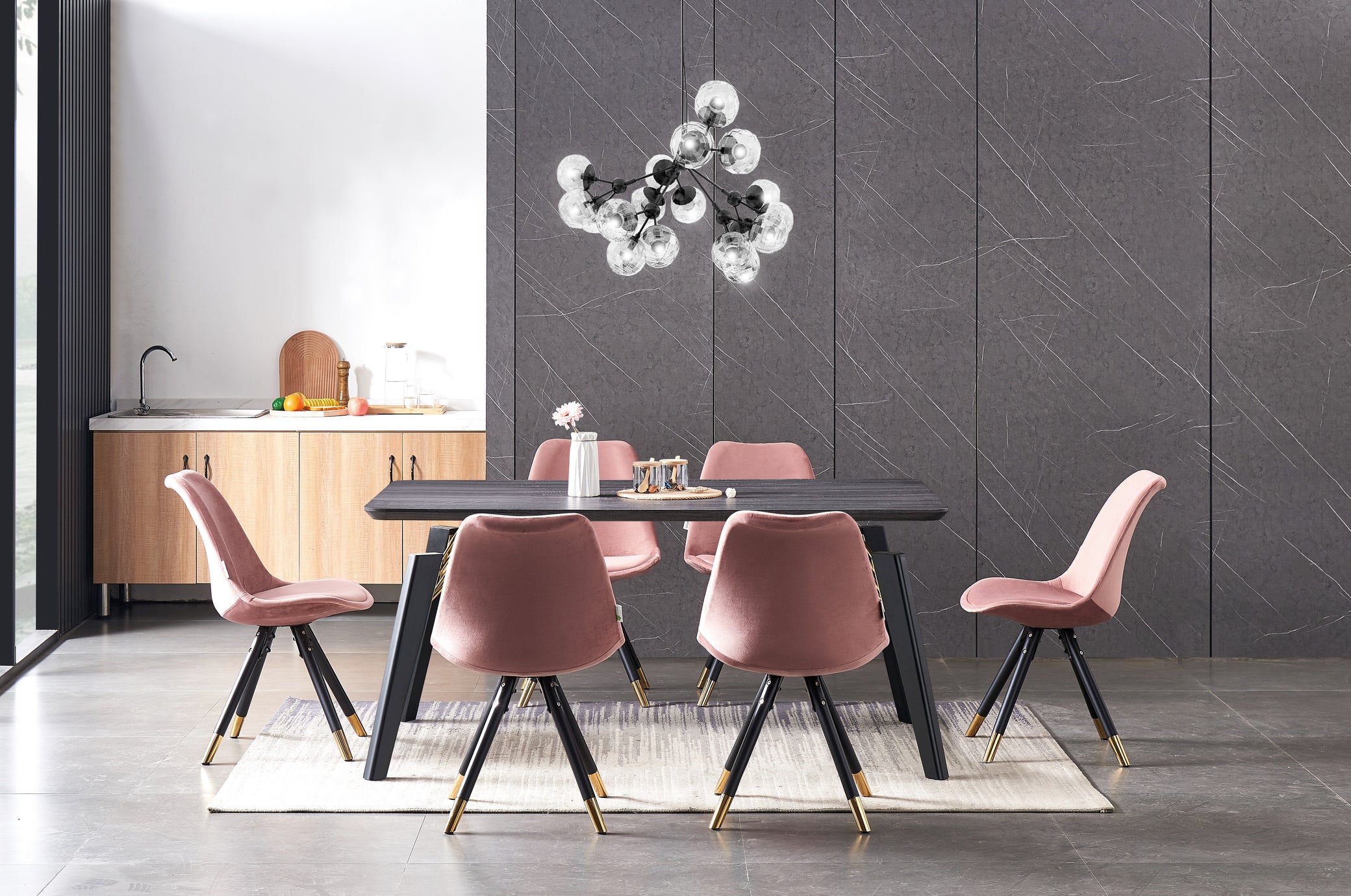 Sofia Cosmo Black LUX Dining Set with 6 Velvet Chairs