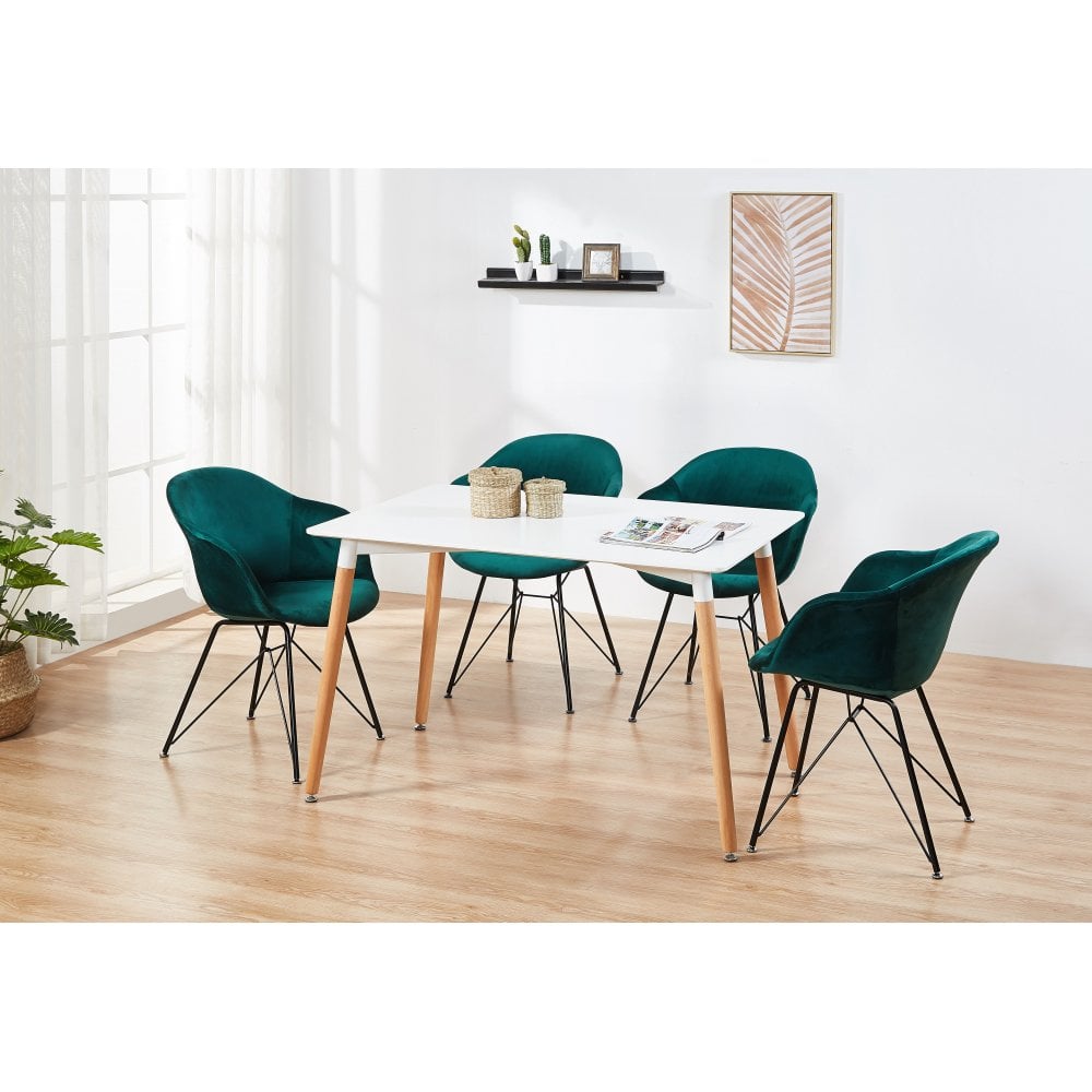 Valentina Halo White Dining Set with 4 Velvet Chairs