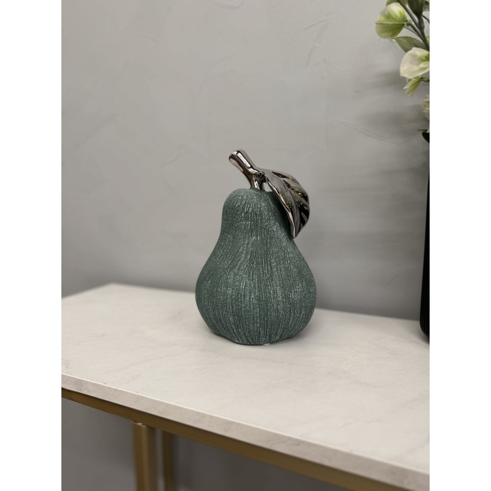 Hand-Cast Ceramic Giant Pear Sculpture - Green Textured Finish with Silver Glazed Leaf